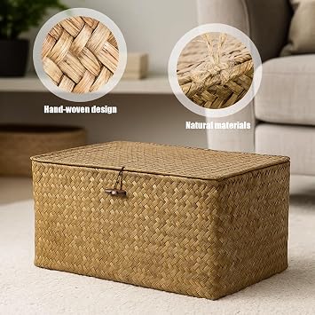1PC Seagrass Storage Box with Lid Woven Basket 40x28x19cm