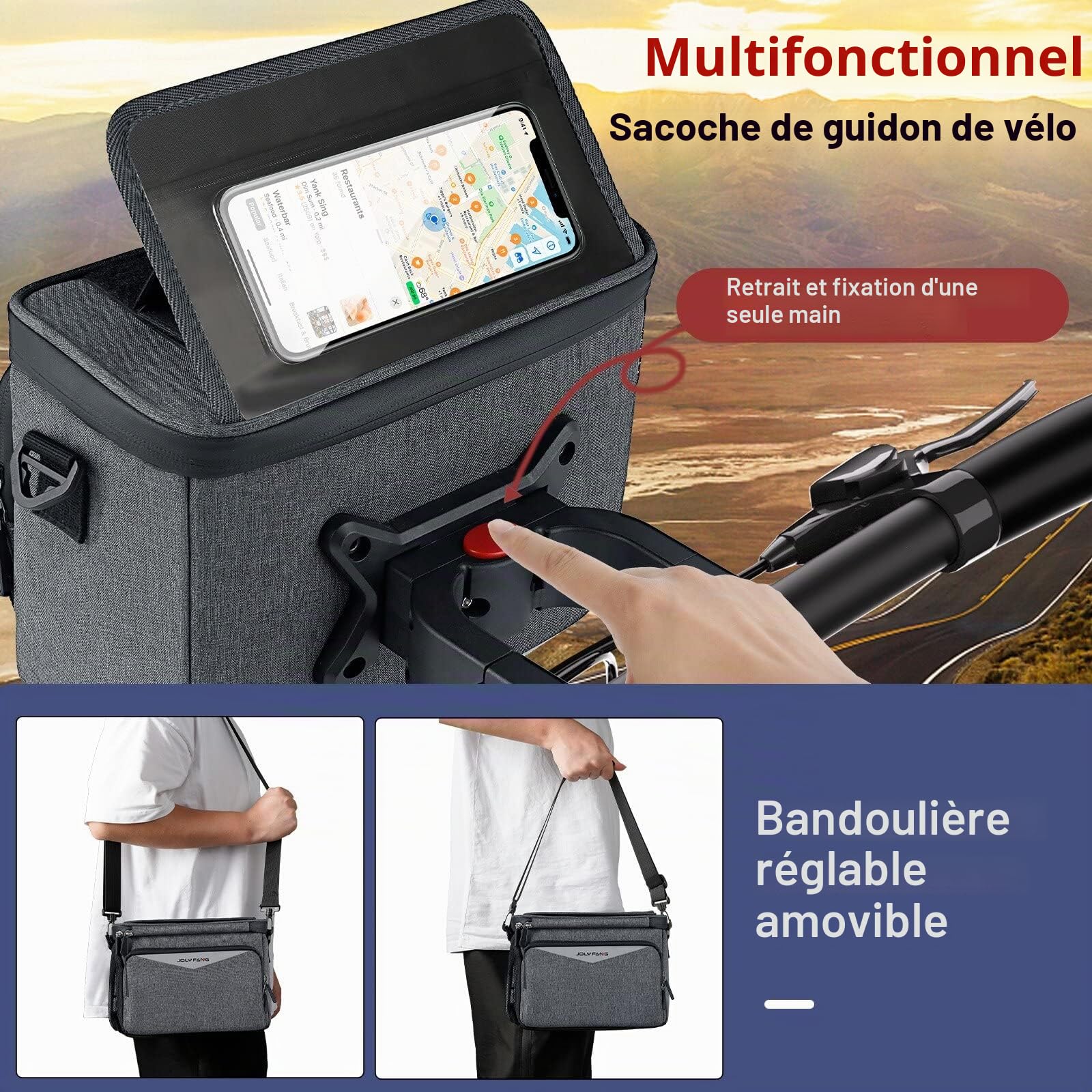 Sacoche De Guidon avec Adaptateur pour Vélo Et Vélo Électrique, 5,2 L, Panier Avant Étanche, Support (Gris)