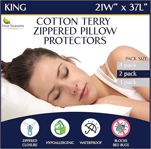 Juego de 2 protectores de almohada King (juego de 2)  Funda de almohada impermeable hipoalergénica a prueba de polvo con cremallera  rizo de algodón