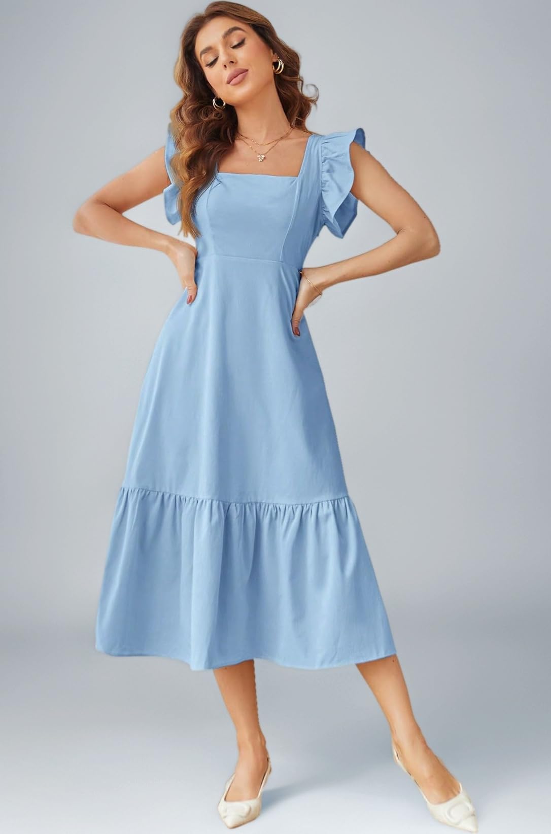 Girl's & Women's Solid Color Square Neck, Ruffle-Trimmed Hem Sleeveless, Ruffle Armhole and Casual Dress with Cinched Waist Vacation Outfits Woman (Dress 162)