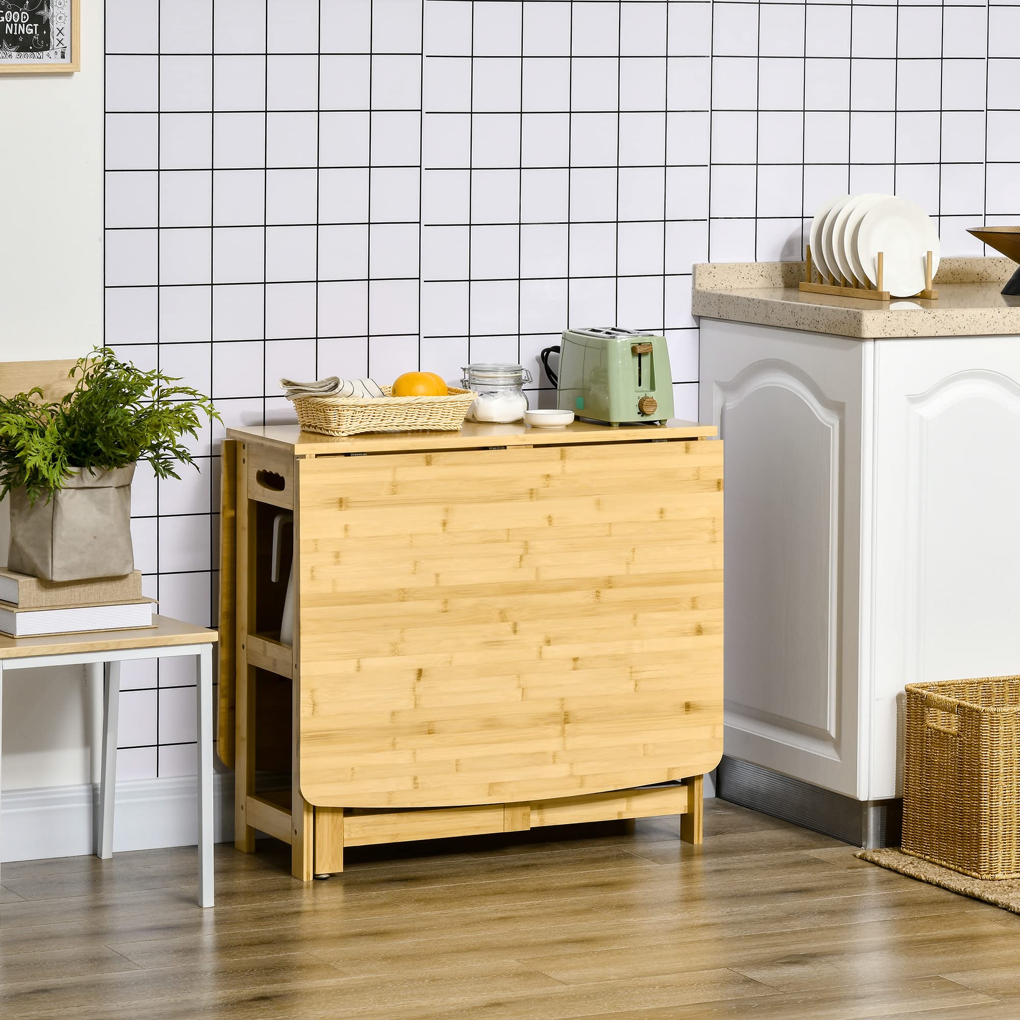 HOMCOM Stół Składany do Jadalni i Kuchni ze Schowkami, Stolik Kawowy z Regulowanymi Nóżkami, Styl Wiejski, Bambusowe Naturalne Drewno, 149,5 x 80 x 73,5 cm
