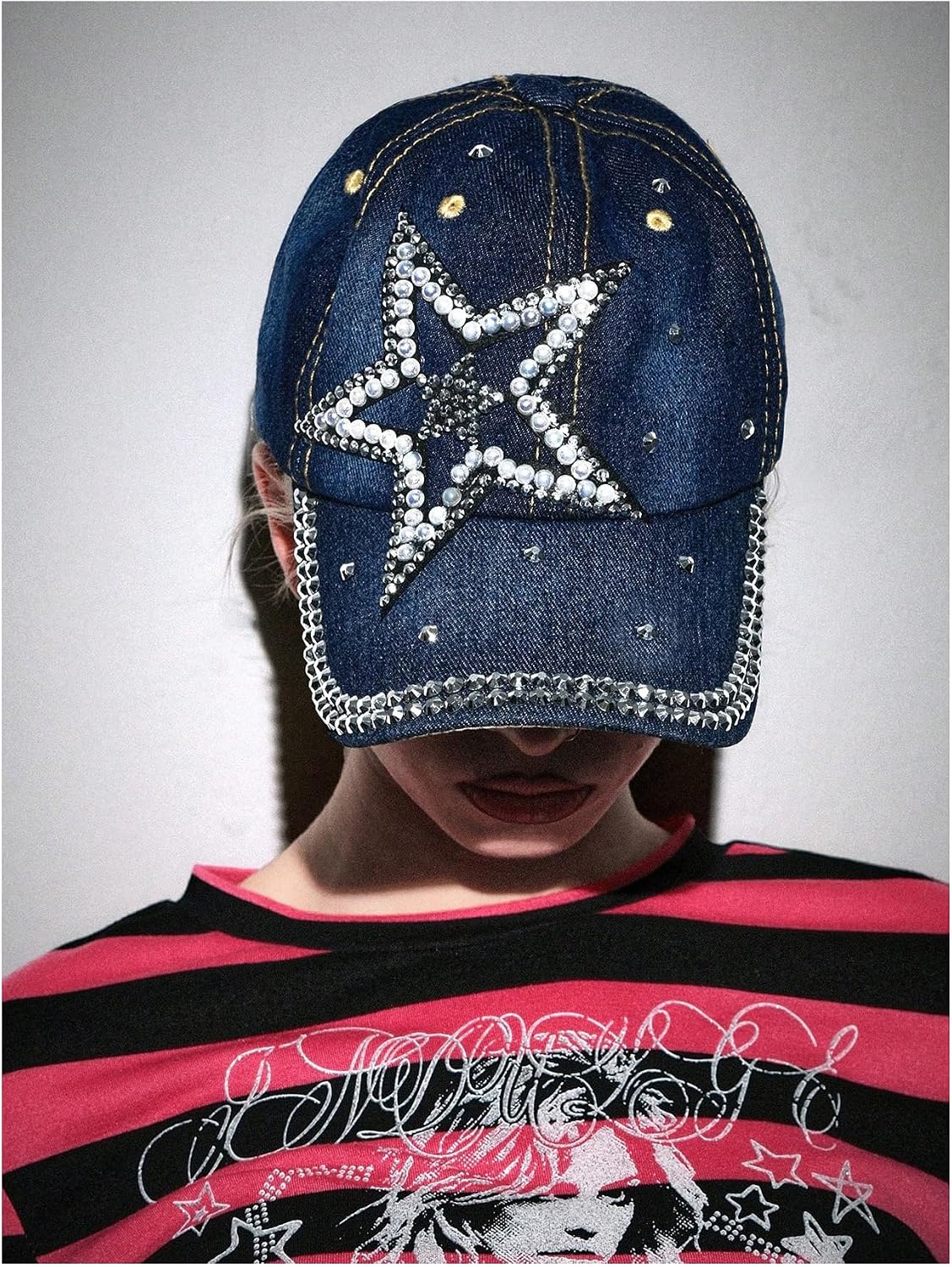 MakeMeChic Women's Y2K Denim Hat Rhinestone Curved Brim Caps image 3