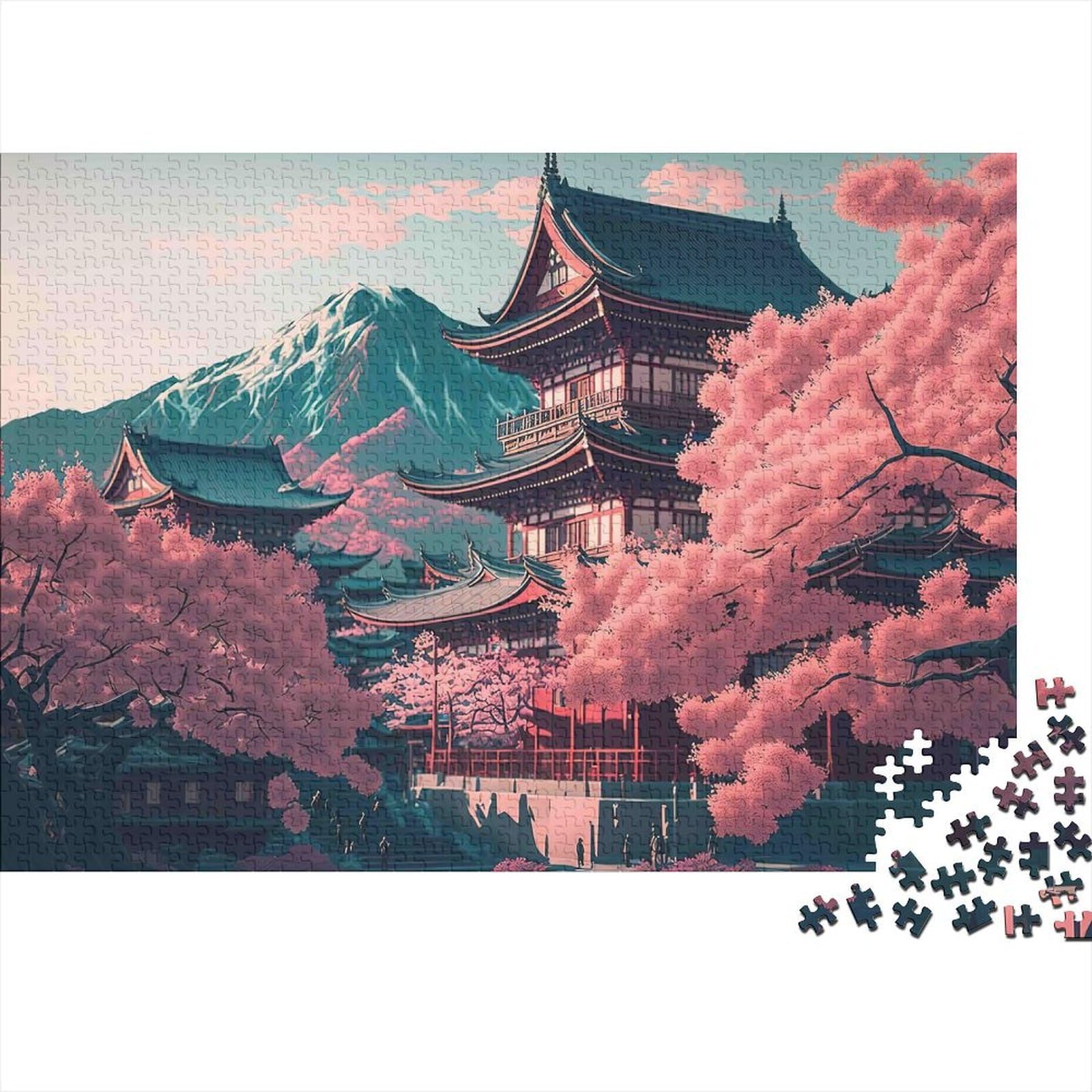 Japanese Temple 1000 Piece Jigsaw Puzzle Paper Material for Adults Cherry Blossom Scenery Family Time Focus Decor Relaxing Gift 70x50cm/1000pcs 70x50cm/1000pcs