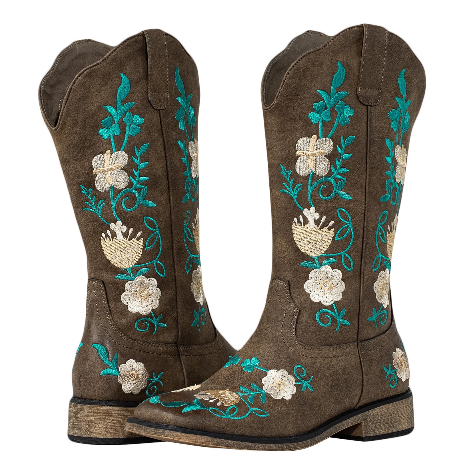 Js o l e Womens Cowgirl Cowboy Boots with Floral Embroidery Western Square Toe Mid Calf Pull-On Brown