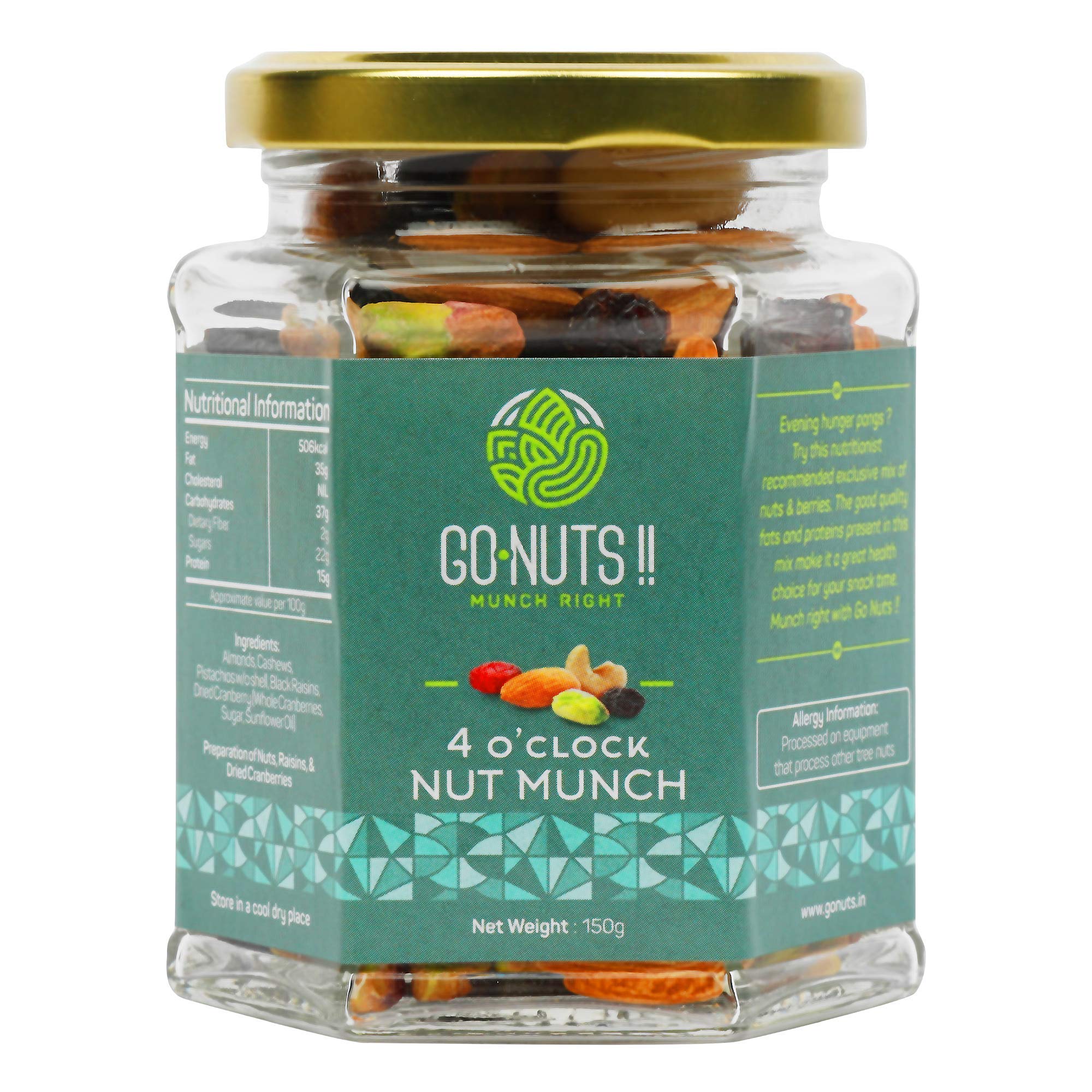 Go Nuts 4’O Clock Nut Munch | Mix Nuts & Dry Fruits | Nutritious and Healthy Nuts Mix |150g (Glass bottle)