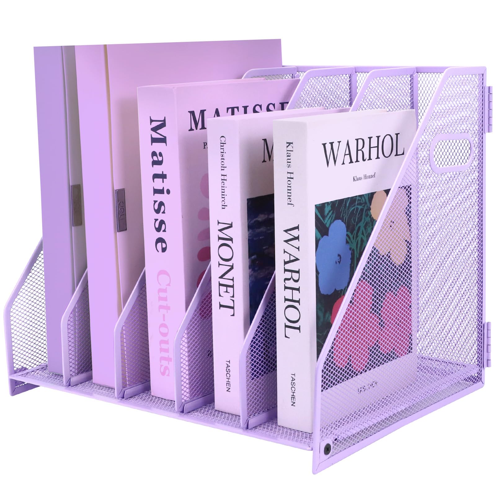 ideallife Desk Organizers, Metal Magazine File Holder with 5 Vertical Compartments Rack Binder File Organizer for Office Supplies, Home Workspace - Purple