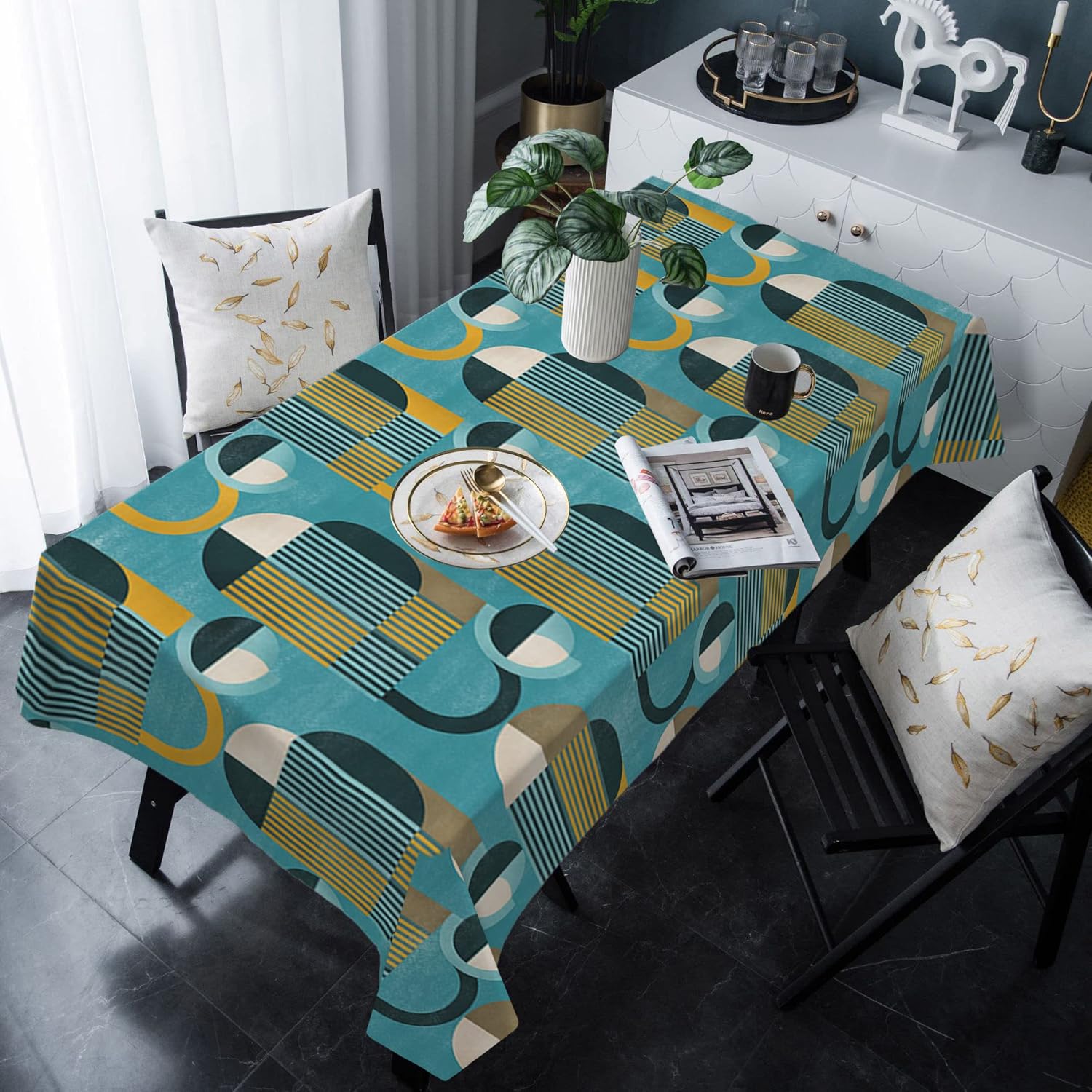 Rectangle Modern Turquoise Tablecloth Waterproof & Stainproof Tablecloths, Abstract Teal Orange Geometric Wipeable Table Cloth Wrinkle-Free for Round/Rectangle/Oval/Square/Dining/Party/Wedding, 54x108