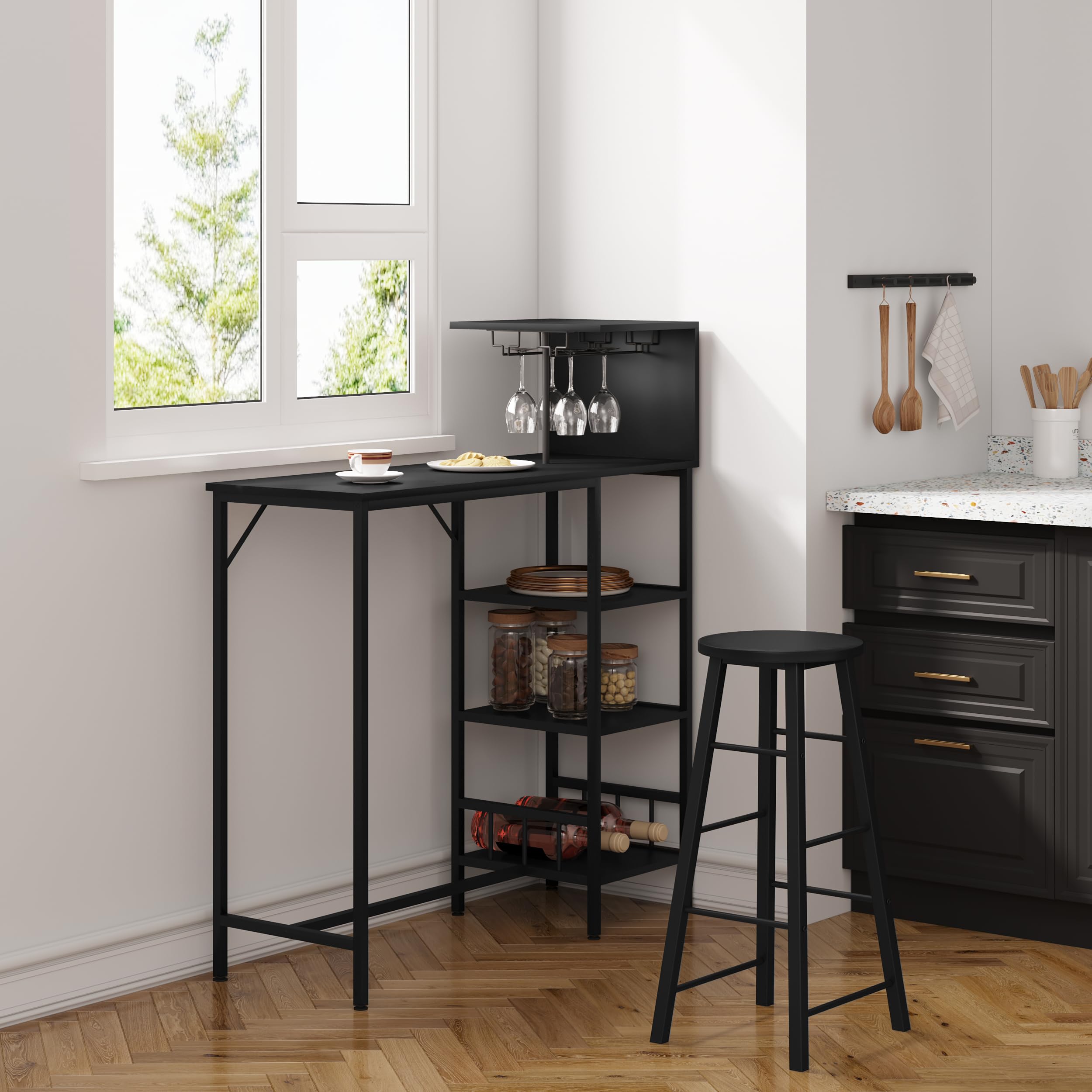 WOLTU Bartisch mit Barhocker Set, Bistrotisch mit 2 Barhockern, Thekentisch mit Weinregal Glashalter, Küchentisch mit 3 Ablagen, Industrie-Design, Schwarz