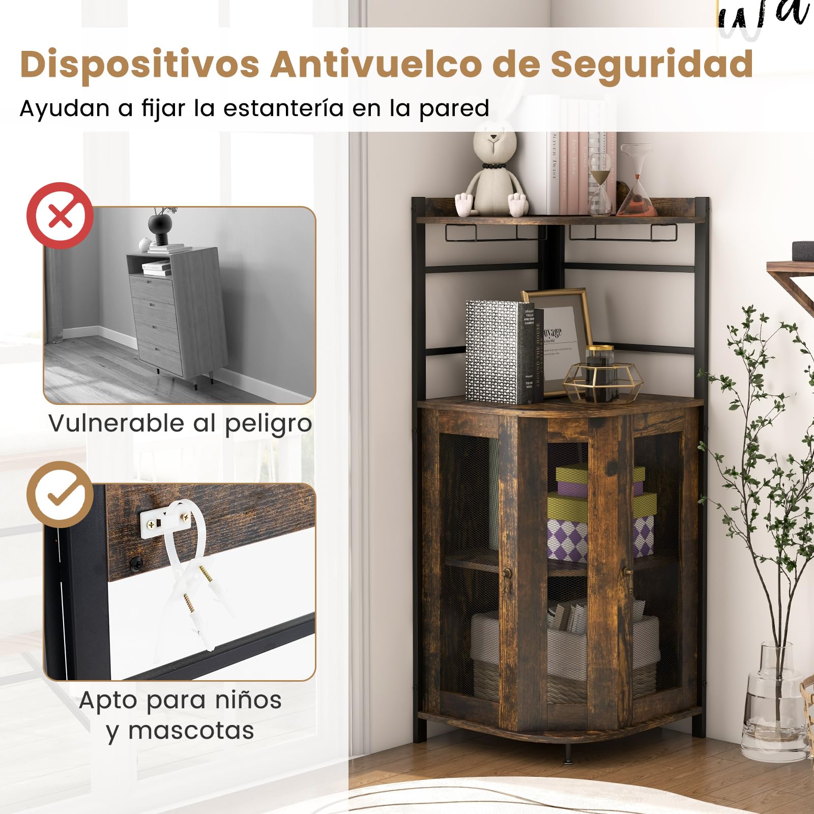 GIANTEX Armario de Vino Esquinero con Puertas de Malla Metálica, Estantería de Almacenamiento con Soporte para Copas de Vino, Estante Ajustable, Aparador para Bar, Comedor, Salón (Marrón Oscuro)