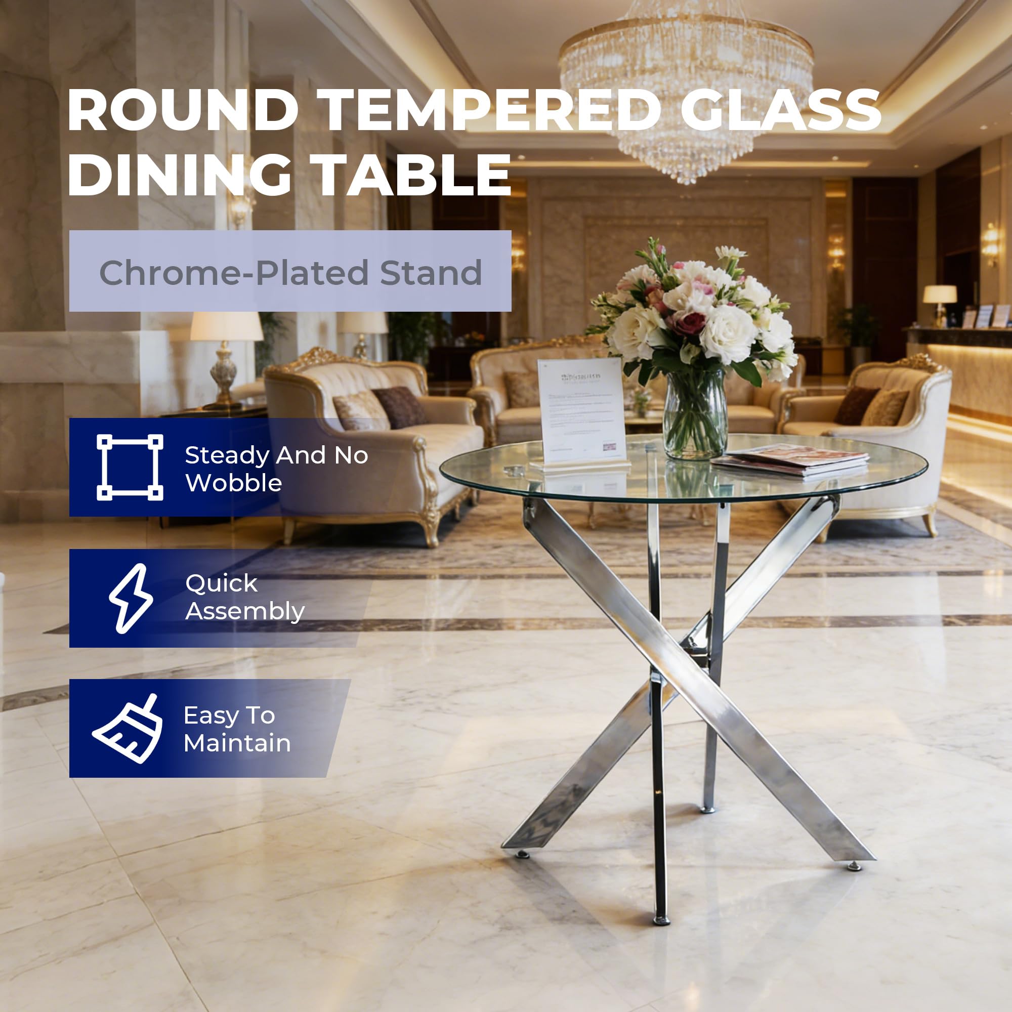 STAPERFO Table à manger ronde en verre trempé de 80 cm - Table de cuisine moderne avec croisillons argentés - Table de salle à manger peu encombrante pour 2 à 4 personnes - Argenté