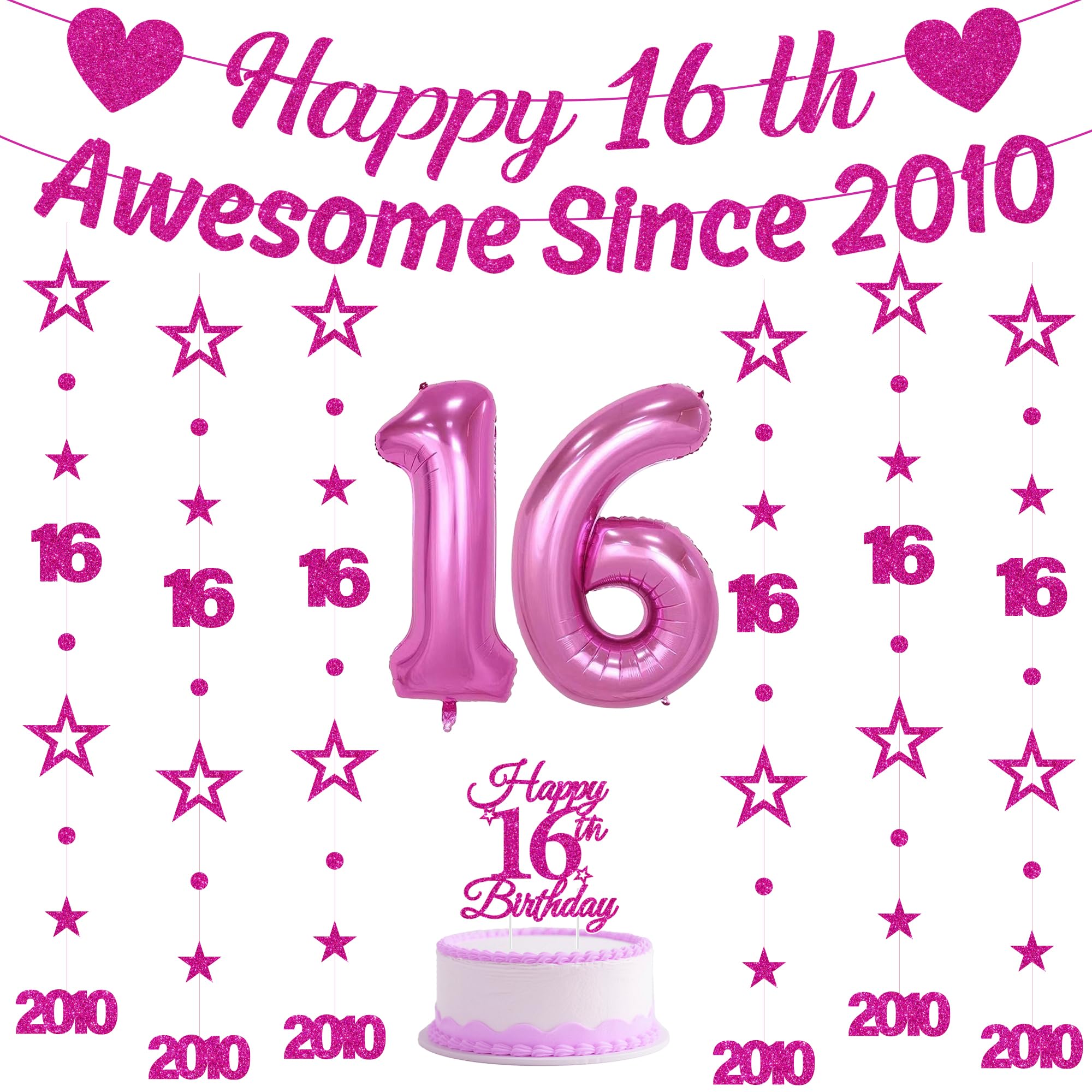Sweet 16 Birthday Decorations Kit - 10 Pcs Hot Pink Happy 16th Birthday Awesome Since 2010 Banners Circle Dot Twinkle Star Hanging Streamers Balloon Cake Topper for Girls 16th Teenager Party Supplies