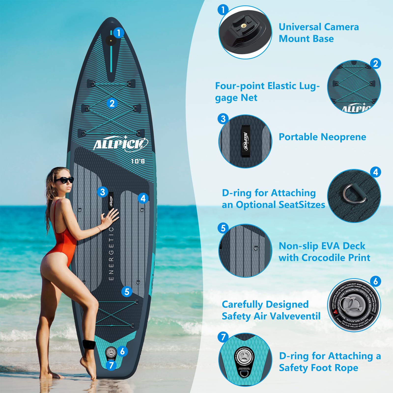 ALLPICK Sup Gonfiabile, Stand Up Paddle Board Gonfiabile, Con Supporto Universale per Fotocamera, Accessori Completi, Tavola da Sup Surf, Principianti e Avanzati, 150kg/180kg