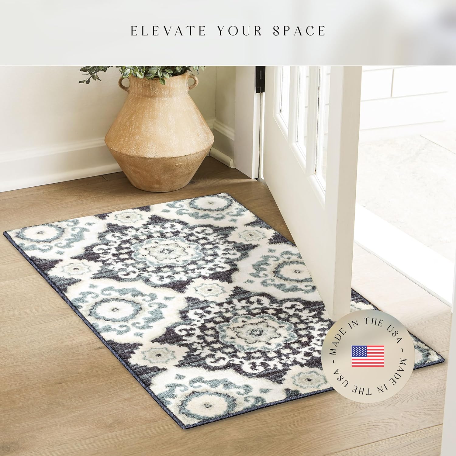 Maples Rugs Camilla Medallion Area Rug - Made in USA - Washable, Non Slip Indoor Carpet for Entryway, Foyer, Kitchen, and Bathroom, 1'8 x 2'10, Cream/Navy