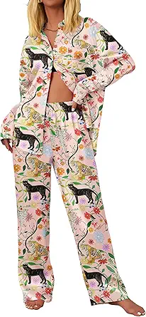 Ekouaer Womens Satin Silky Pajama Set 2 Piece Print PJs Soft Loungewear Button Down Sleepwear with Elastic Waist Long Pants