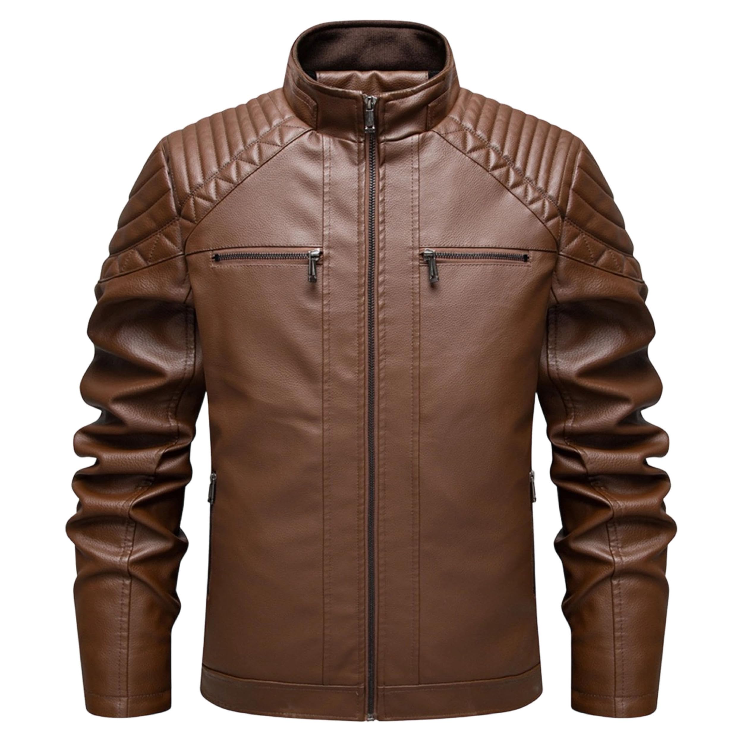 Chaqueta de motociclista vintage de piel sintética con cuello alto para hombre, abrigo informal, elegante y cálido.