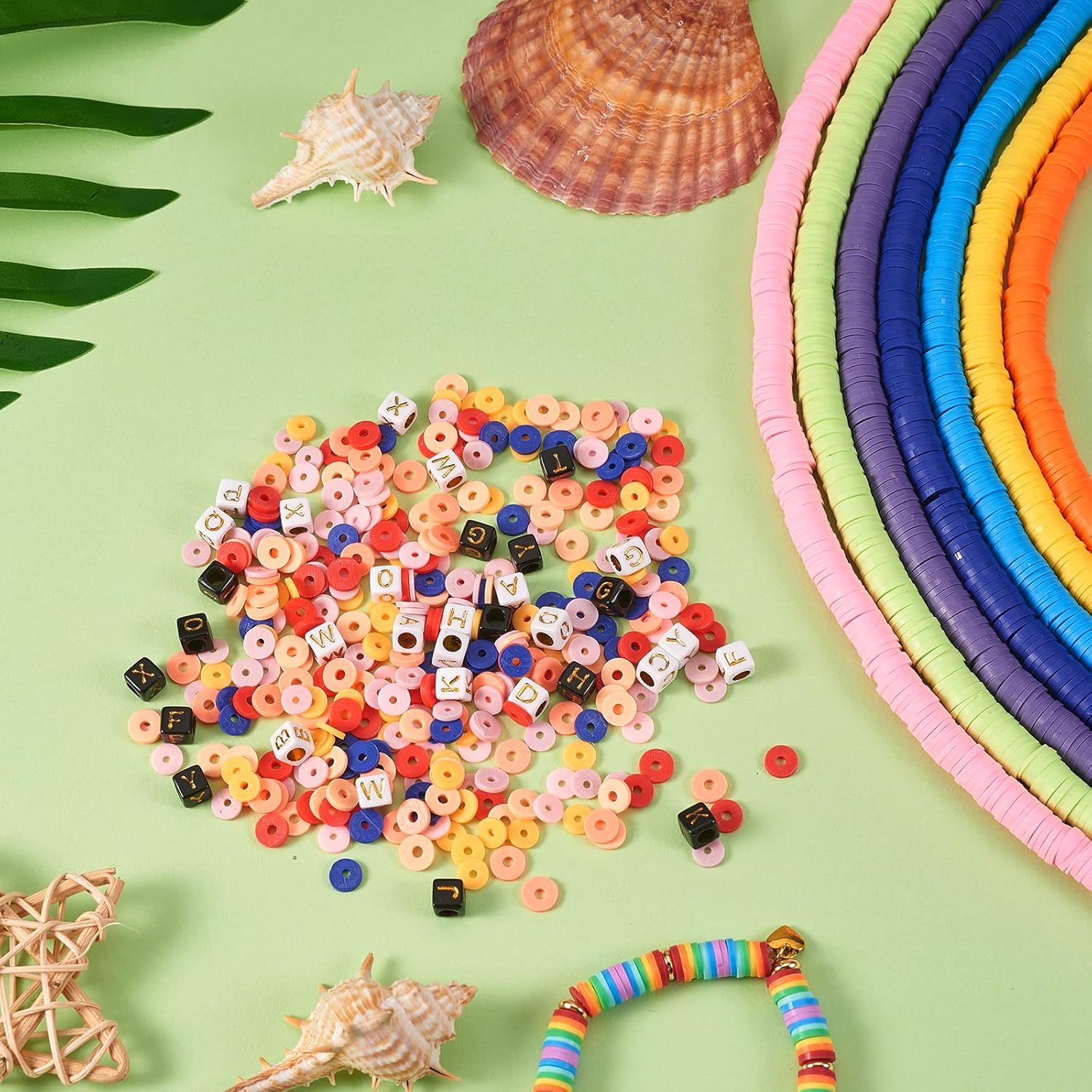 7600 Pcs Clay Heishi Beads Handmade Polymer Clay Beads 8mm Vinyl Dics Beads with 60 Pcs Alphabet Beads for Jewelry Making DIY Crafting Bracelets Necklaces Earrings Supplies