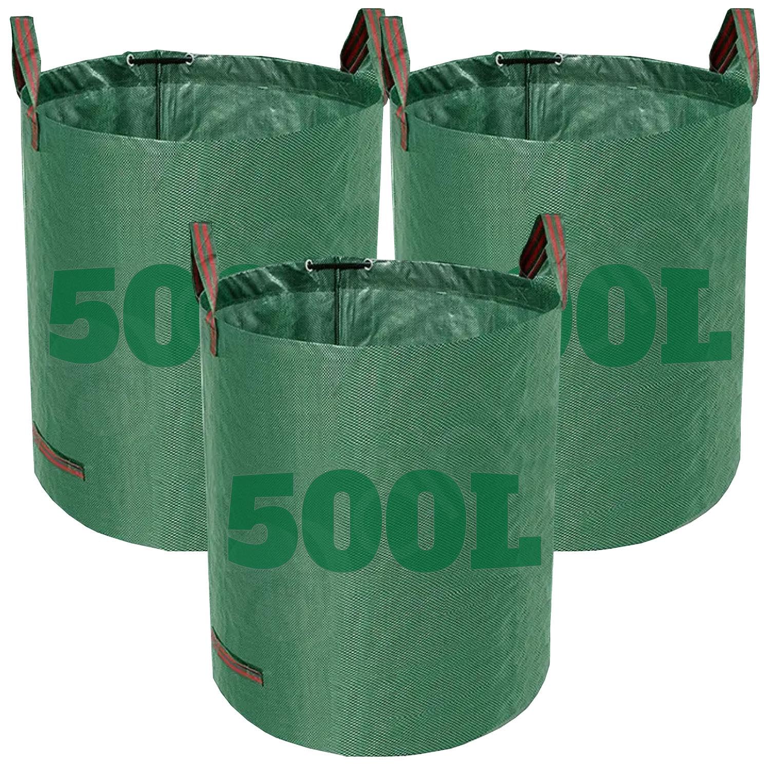 Dihl Green 500 Litre Heavy Duty Garden Waste Bags, Reusable Rubbish Sacks With Upper And Side Handles, 80Cm Ø X 100 Cm, Woven Polypropylene (Pack Of 3)