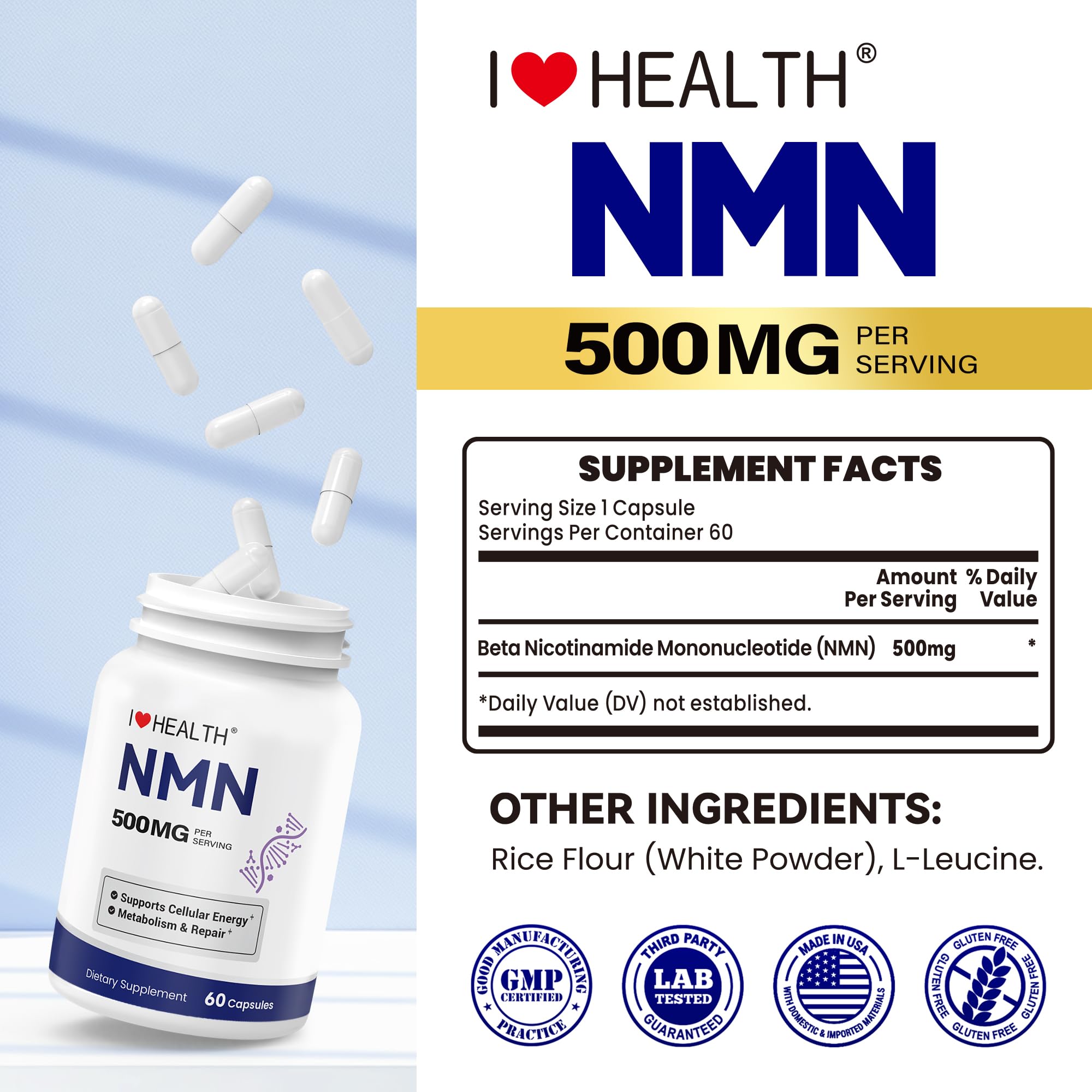 NMN 500MG Per Capsule – High Purity 99.9% NMN, NAD+ Support for Cellular Energy & Healthy Aging, 60 Capsules, Third-Party Tested, cGMP Made in USA — Amazon image 7