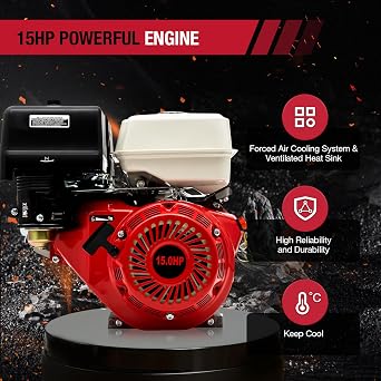 Gas Engine 15HP, 420CC Gas Powered 4 Stroke Multi-Use Engine Pull Start Air Cooled (15HP, 420CC, Red)