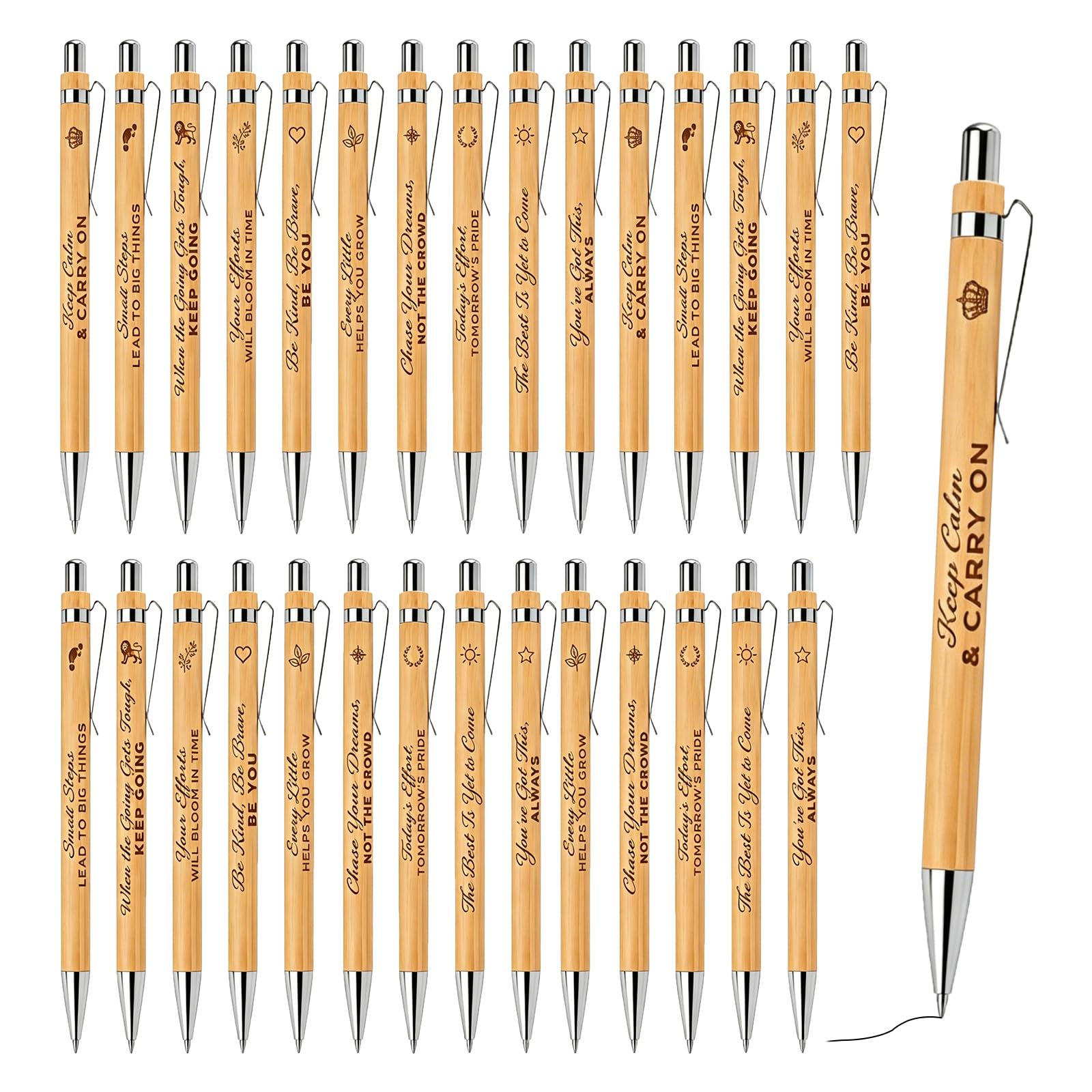 SJAUBKJOG 30Pcs Bamboo Inspirational Pens Set, Retractable Black Ink Ballpoint Pens with Motivational Quotes, School Leavers Gifts and Motivational Gifts for Office Desk Supplies (10 Styles)
