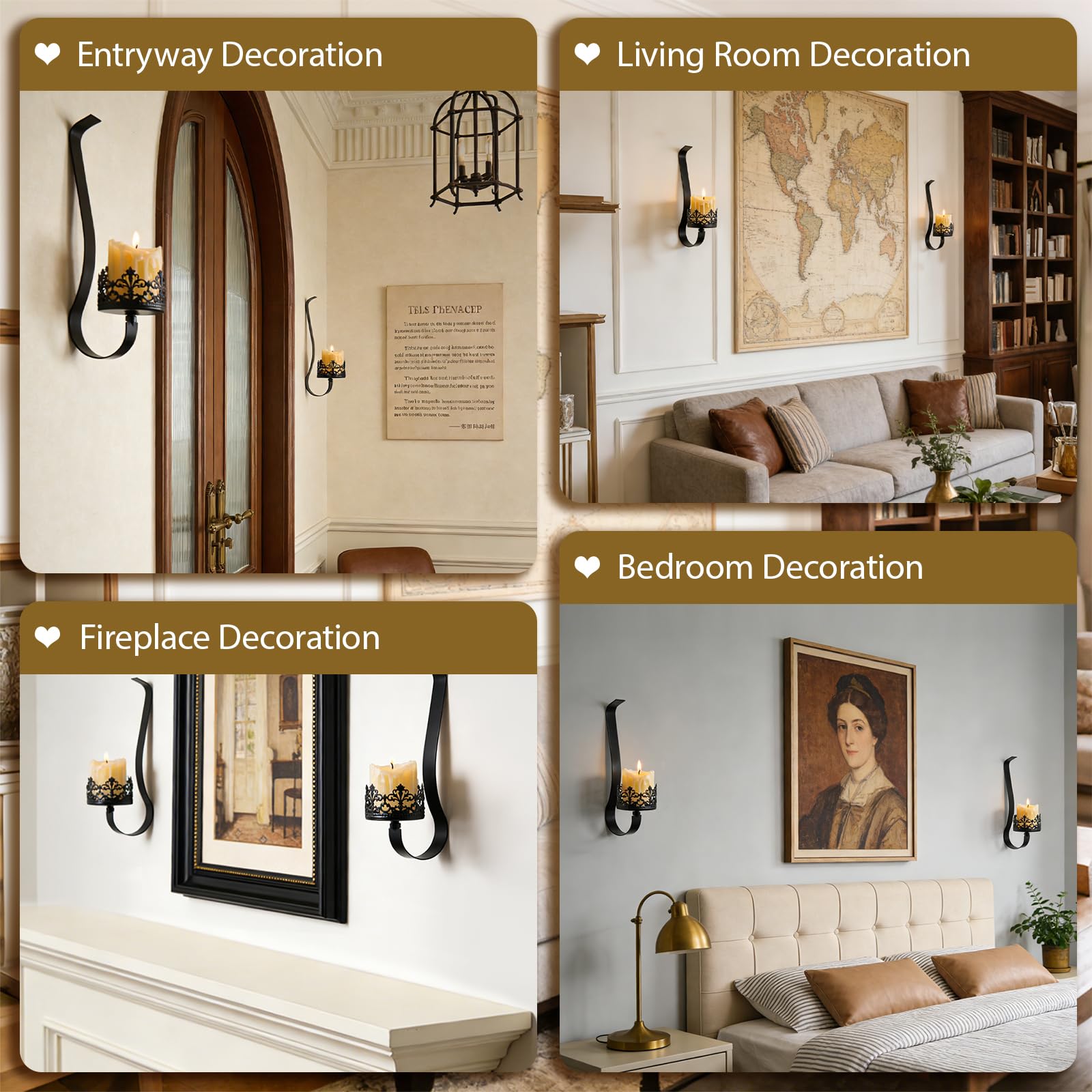 Juego de 2 candelabros de pared de metal negro, portavelas rústicos de granja con bandeja de 4 pulgadas para sala de estar, chimenea, pasillo, decoración de pared de estilo gótico (2, negro