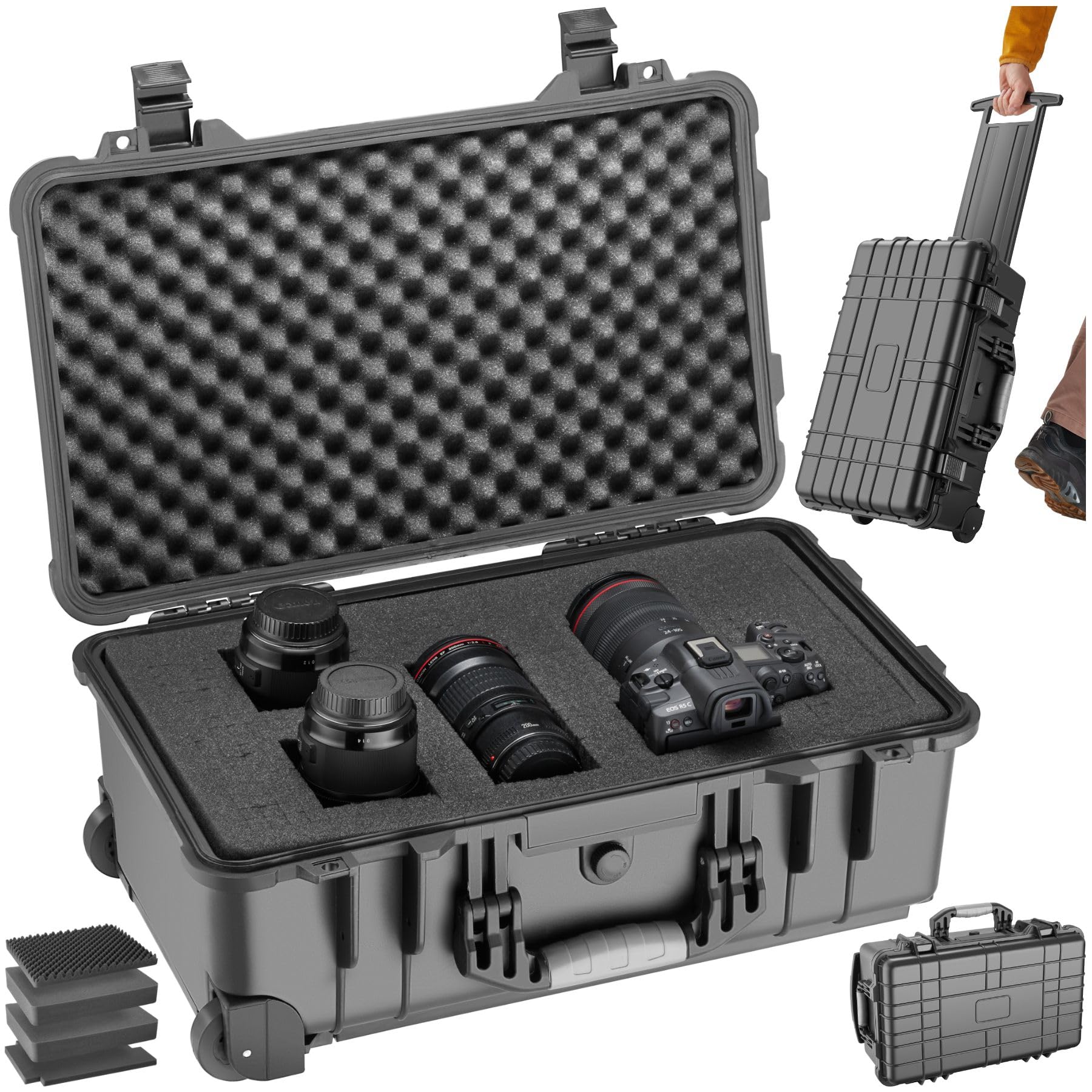 tectake Empty Camera Case with Foam, Rigid Case, Shockproof Tool Cart, Tool Box with Wheels and Telescopic Handles, Weatherproof, 56 x 34.5 x 23 cm
