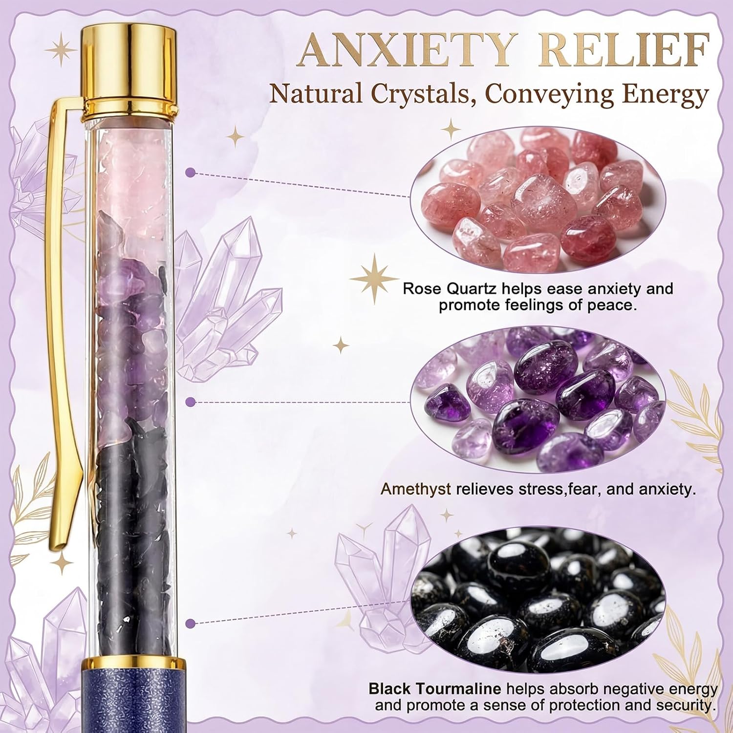 Feifeiya 8 Sets Anxiety Crystal Pens with Cards Bags, Women New Chapter Inspirational Gifts, Anxiety Relief Crystals Gifts for Graduation Leaving Going Away Nurses, Teachers, Coworkers