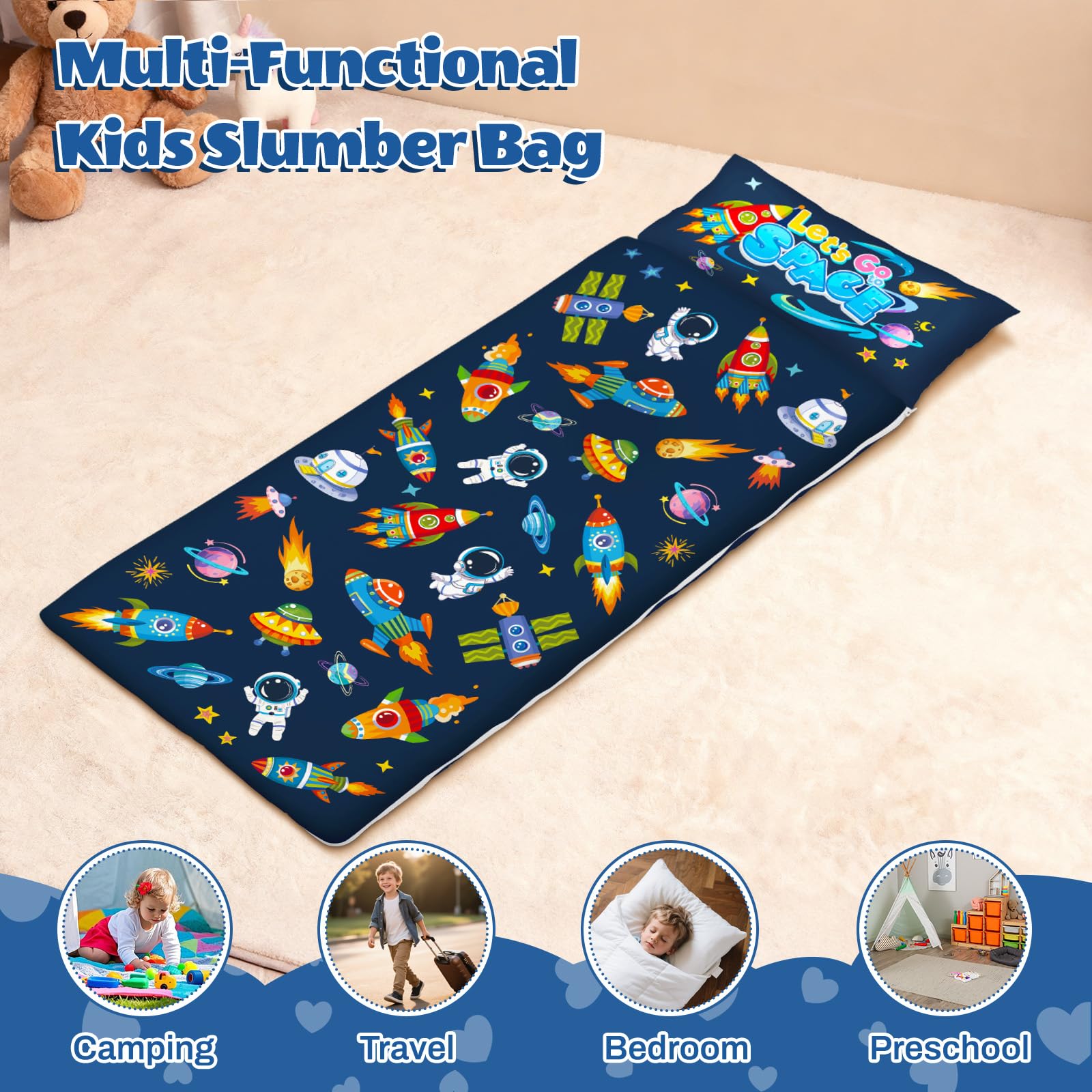 Saco de Dormir para Niños con Almohada, Tapete de Siesta para Niños y Niñas, Cálido Saco de Dormir de 150 x 60 cm, Tapete de Dormir Enrollable con Doble Cremallera
