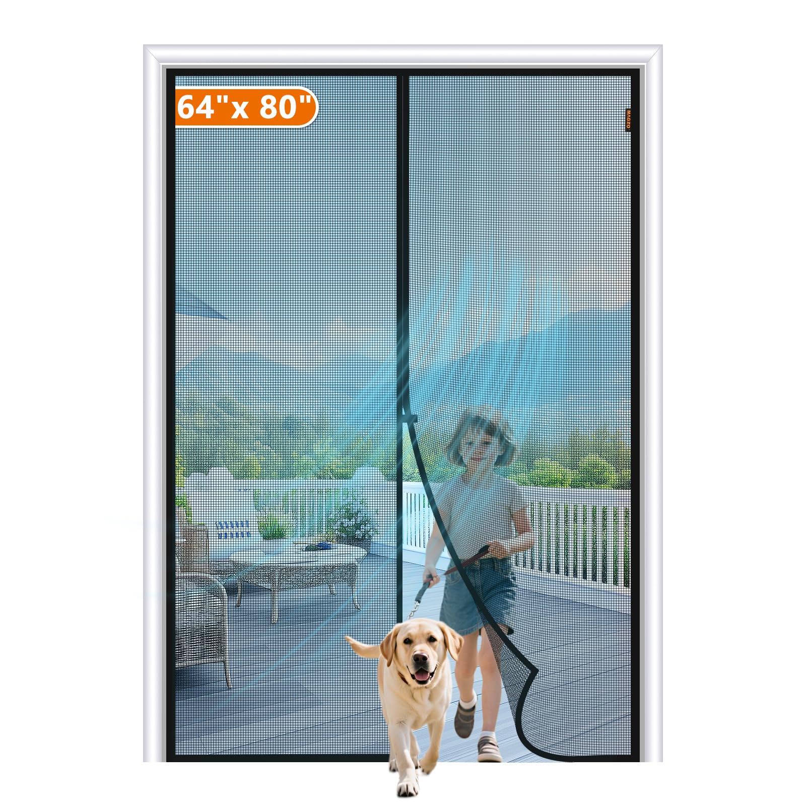 MAGZO Magnetic Screen Door Fit Door Size 64 x 80 Inch, Screen Size 66" x 81" Heavy Duty Magnet Screen Mesh with Full Strip, Black