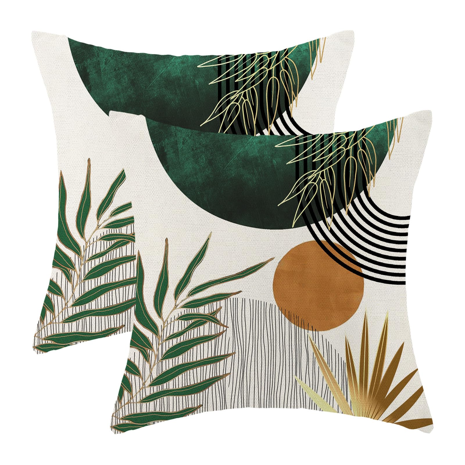 Yxuiyal Boho Pillow Covers 18x18 Set of 2 Green Gold Throw Pillow Covers Outdoor Decorations Mid Century Bohemian Style Tropical Leaves Pillowcase