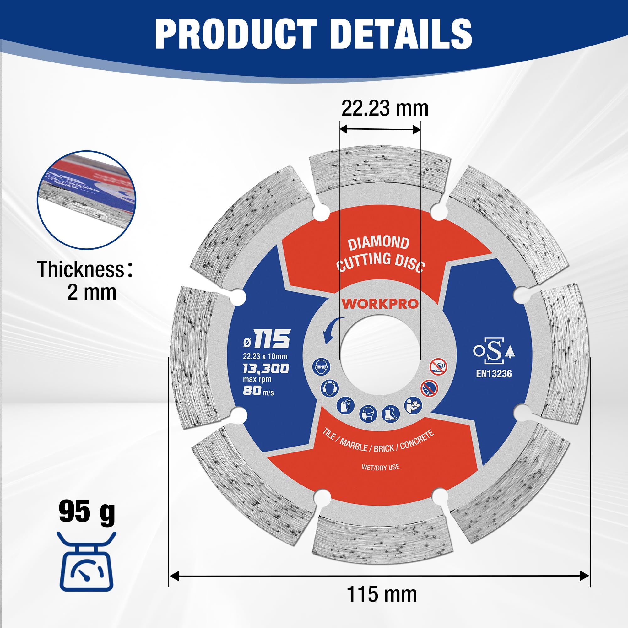 WORKPRO 115 mm Diamond Cutting Disc (4.5") Segmented Blade for Angle Grinder, Concrete, Stone, Masonry, Tile - Image 2
