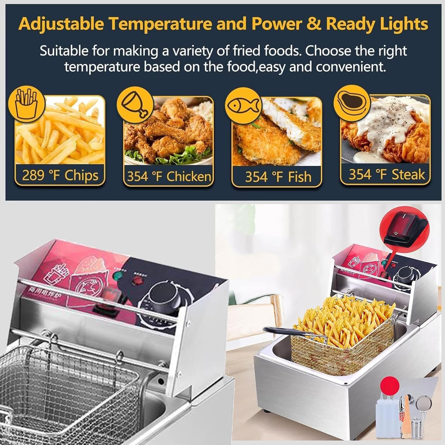 Friggitrice commerciale, friggitrice elettrica con cestello Friggitrice elettrica da banco commerciale da 10 litri Friggitrice in acciaio inossidabile per uso domestico con ampio cestello per frigge