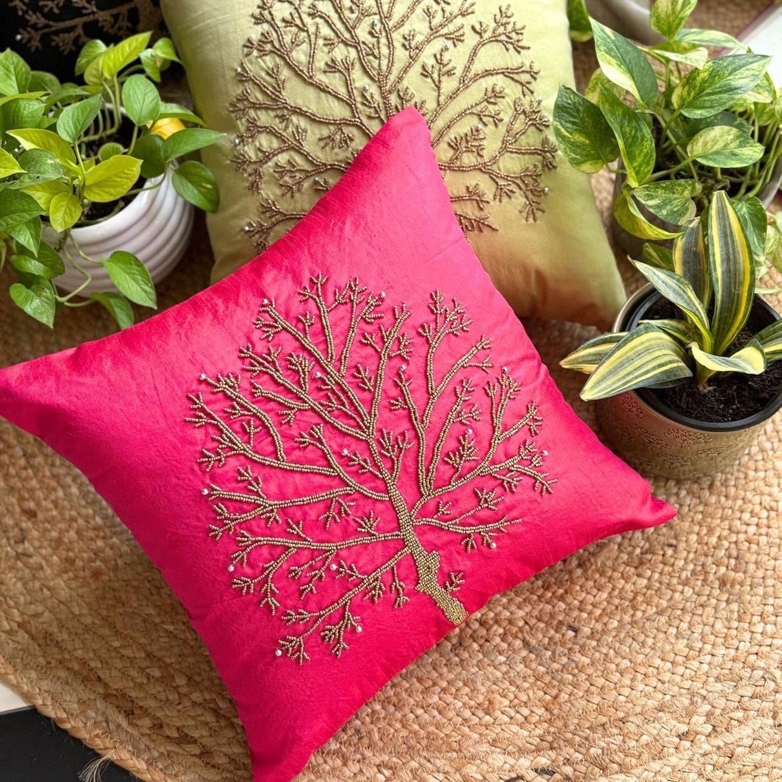 The HomeCentric Throw Pillow Cover, Fuchsia Pink Decorative Throw Pillows for Couch 16x16 inch (40x40 cm) Silk Pillowcase with Zipper, Nature & Floral, Tree, Beaded Easter - Fuchsia Tree of Life