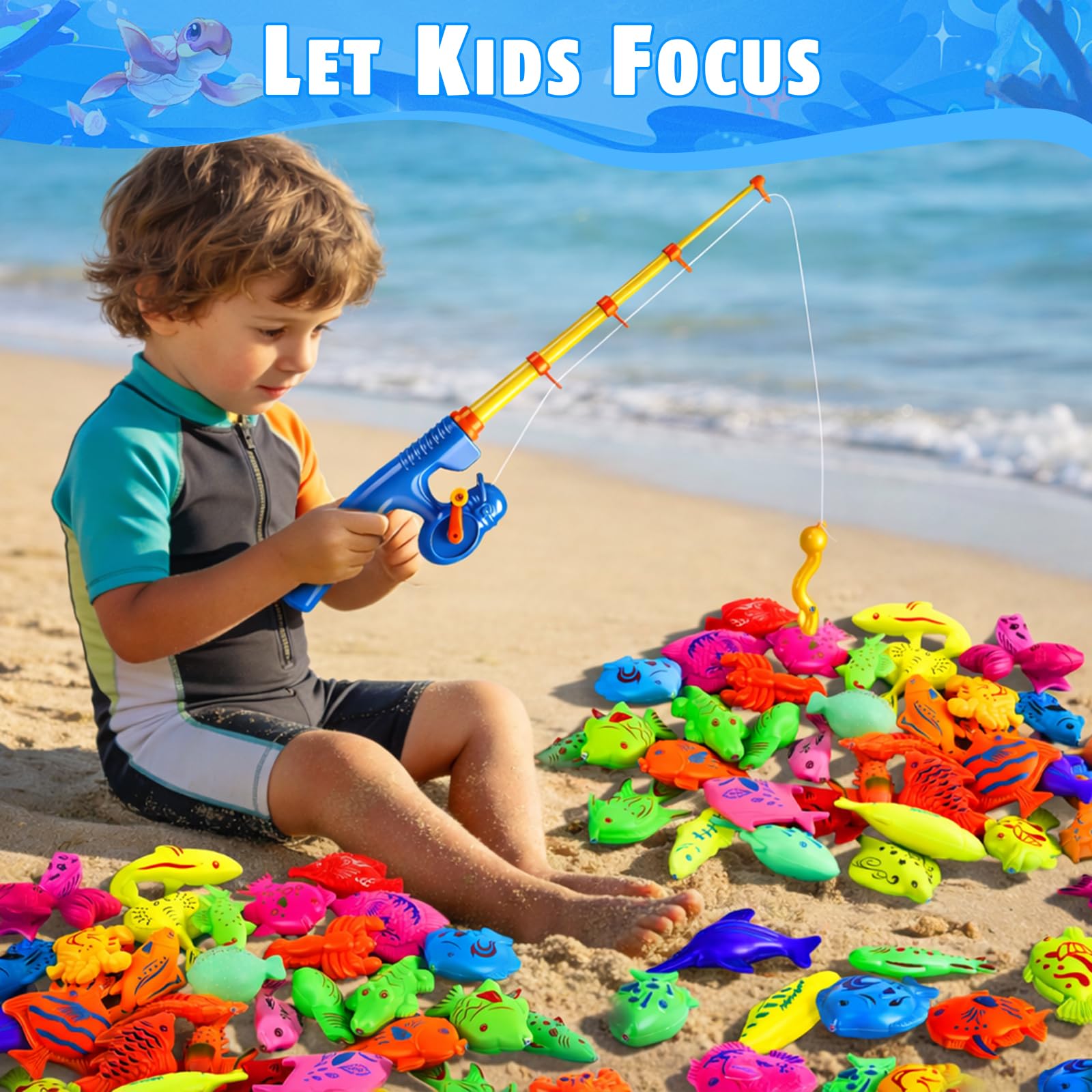 CozyBomB Magnetyczne zabawki wędkarskie zestaw gier dla dzieci do kąpieli czas impreza na basenie z siatką na pręt, pływająca ryba z tworzywa sztucznego - edukacja dla malucha kolory ocean zwierzęta morskie (XLarge)