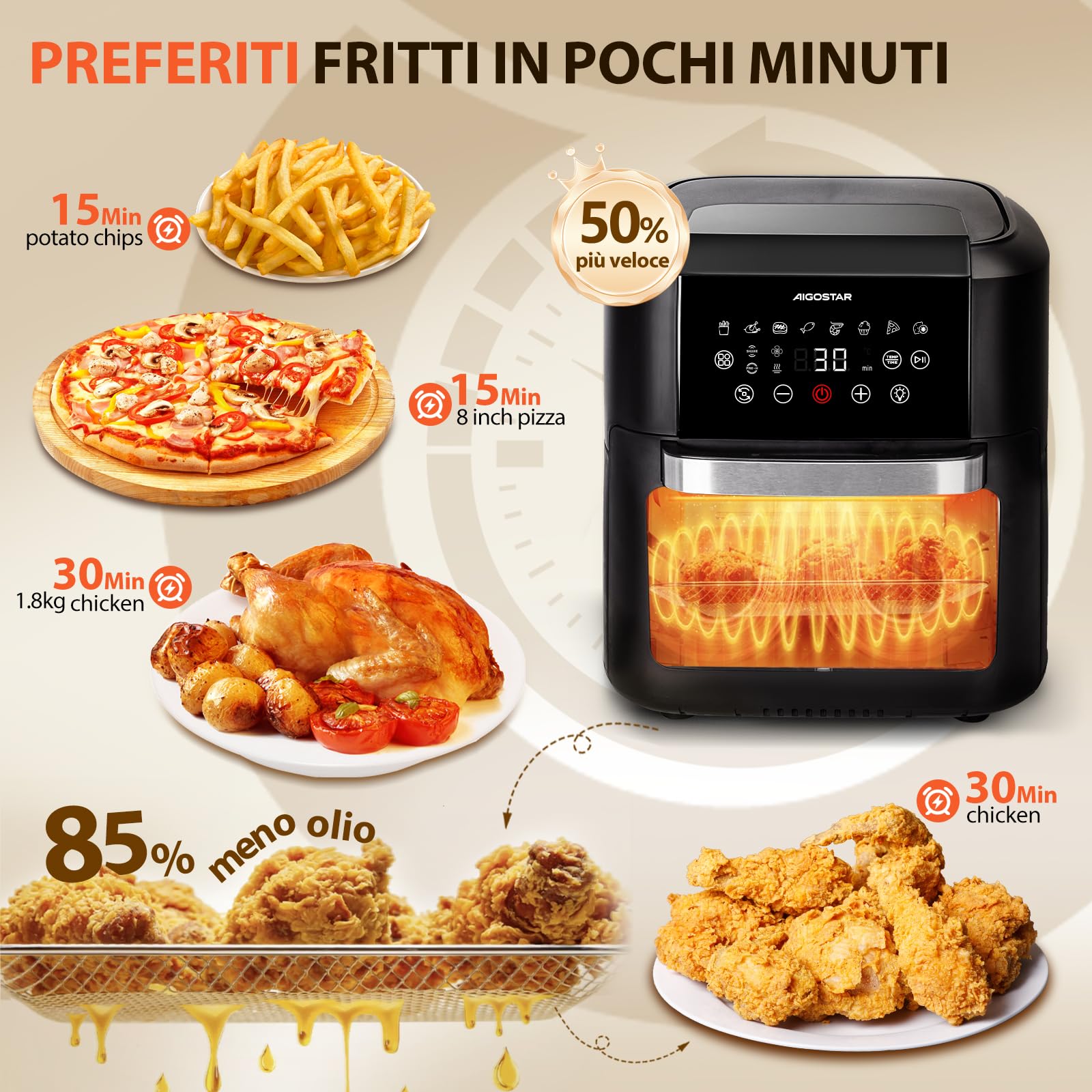 Aigostar Owen - Friggitrice ad aria da 12 litri, Forno ad aria multifunzione, 1700 W, Touch screen LED, 8 modalità preimpostate, include 7 accessori, sistema rotante, BPA FREE