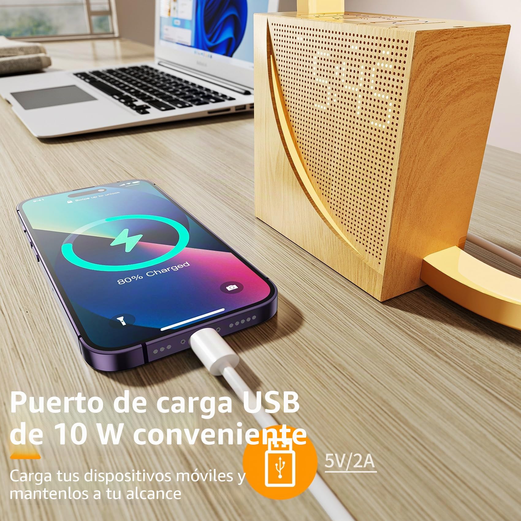 Lámpara De Noche LED con Despertador, Puertos de Carga USB, Táctil, Regulable, con Dos Alarmas, 10 Sonidos Naturales para Adultos y Niños, 3 Niveles de Brillo Para Dormitorio, Salón, Oficina