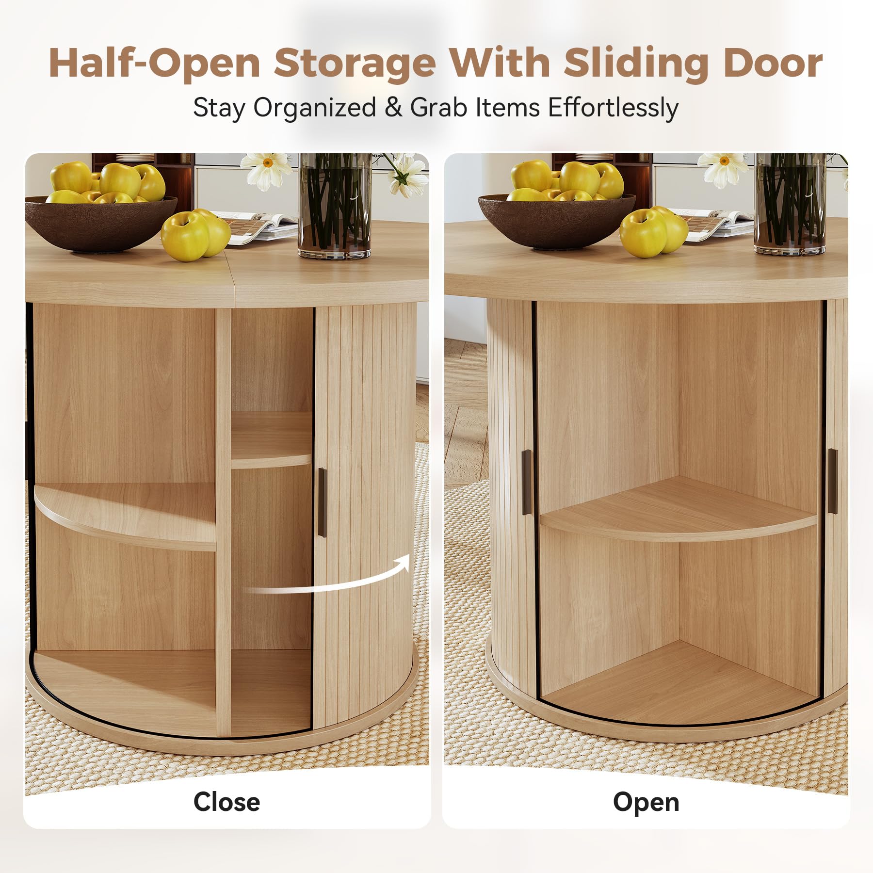 Hawthyhome Runder Esstisch 120cm mit Stauraum, Moderner Küchentisch mit Schiebetür & Lamellen-Optik, Esszimmertisch 4-teilige Holz Tischplatte, Rundtisch für Wohnzimmer, Küche, 2-6 Personen[Holzfarb]