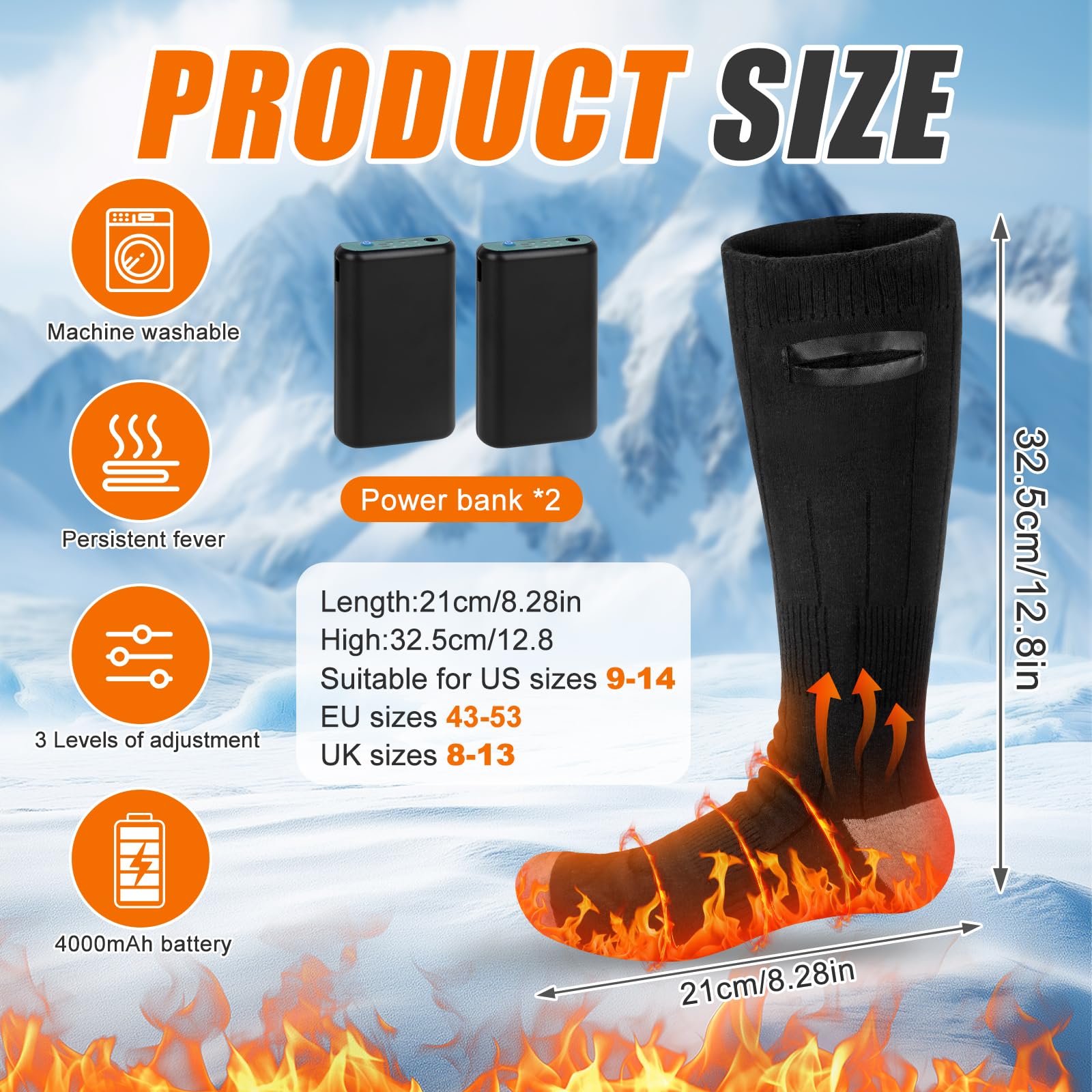 Calzini Riscaldanti Elettrici Naxup 4000mAh | 4 Livelli Di Calore (35-65°C) | Lavabili E Unisex Taglia 36-43 | Per Sci, Trekking E Campeggio