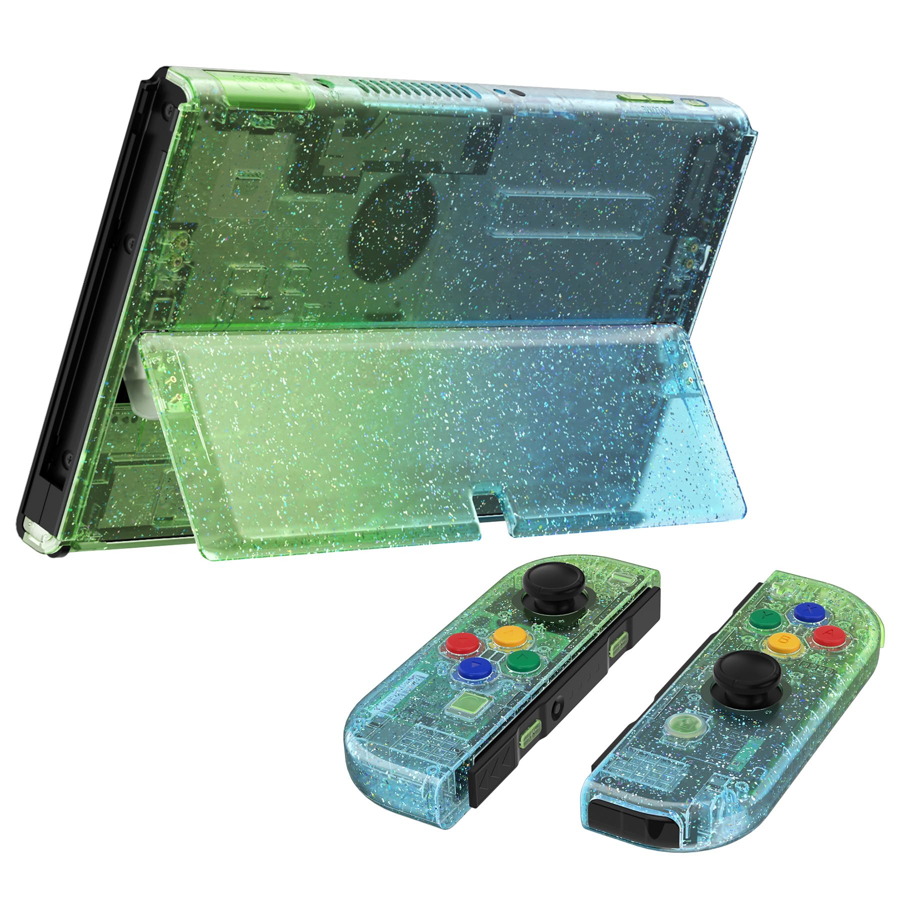 eXtremeRate Coque Complète de Remplacement avec Bouton pour Nintendo Switch OLED, Coque avec Bouton avec Support pour PC Personnalisé pour Nintendo Switch OLED, Transparent Bleu Vert