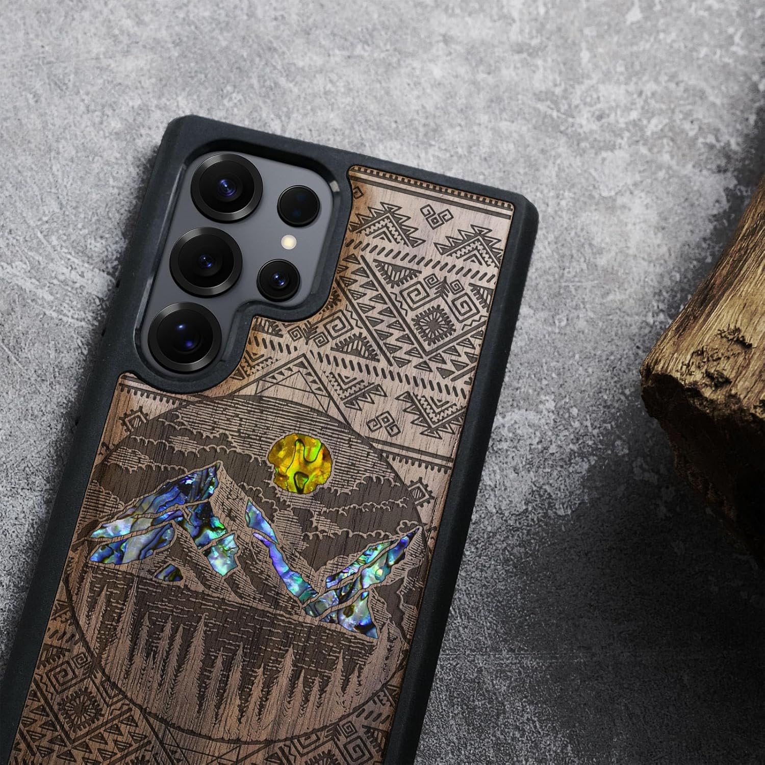 Carveit Magnetic Wooden Case for Samsung Galaxy S25 Ultra Case, Wood Artisan Engraved & Handmade Shell Inlaid, Compatible with MagSafe Wireless Chargers (Aztec Style Alpine Lakes) Walnut