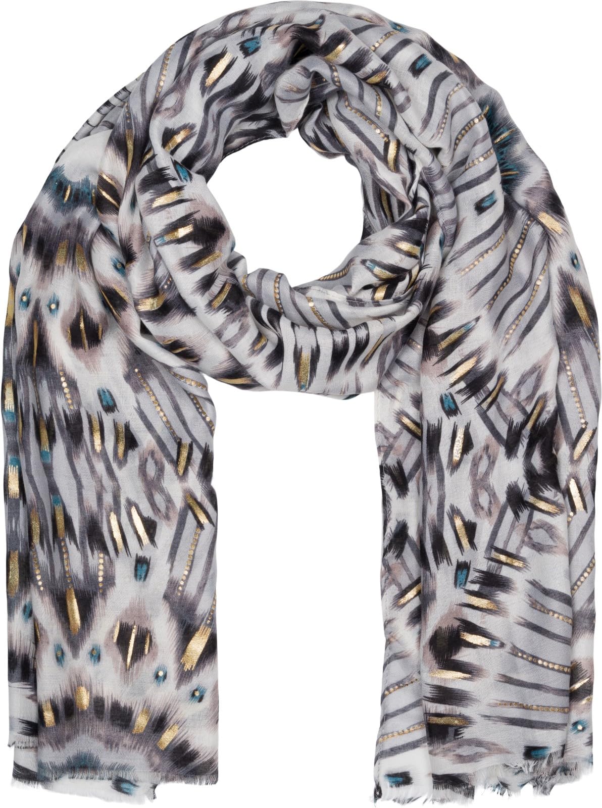 Stylebreaker Women's Grey-Black Scarf Batik Shibori Pattern With Metallic Stripes, Lightweight Ethnic Cloth With Short Fringes 01016228, Colour: