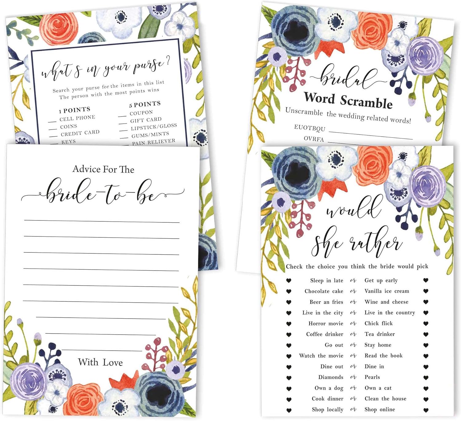 Bachelorette Party Game Set Bundle Floral of 4(50 Sheets Each) Fun Bridal Shower Game Set