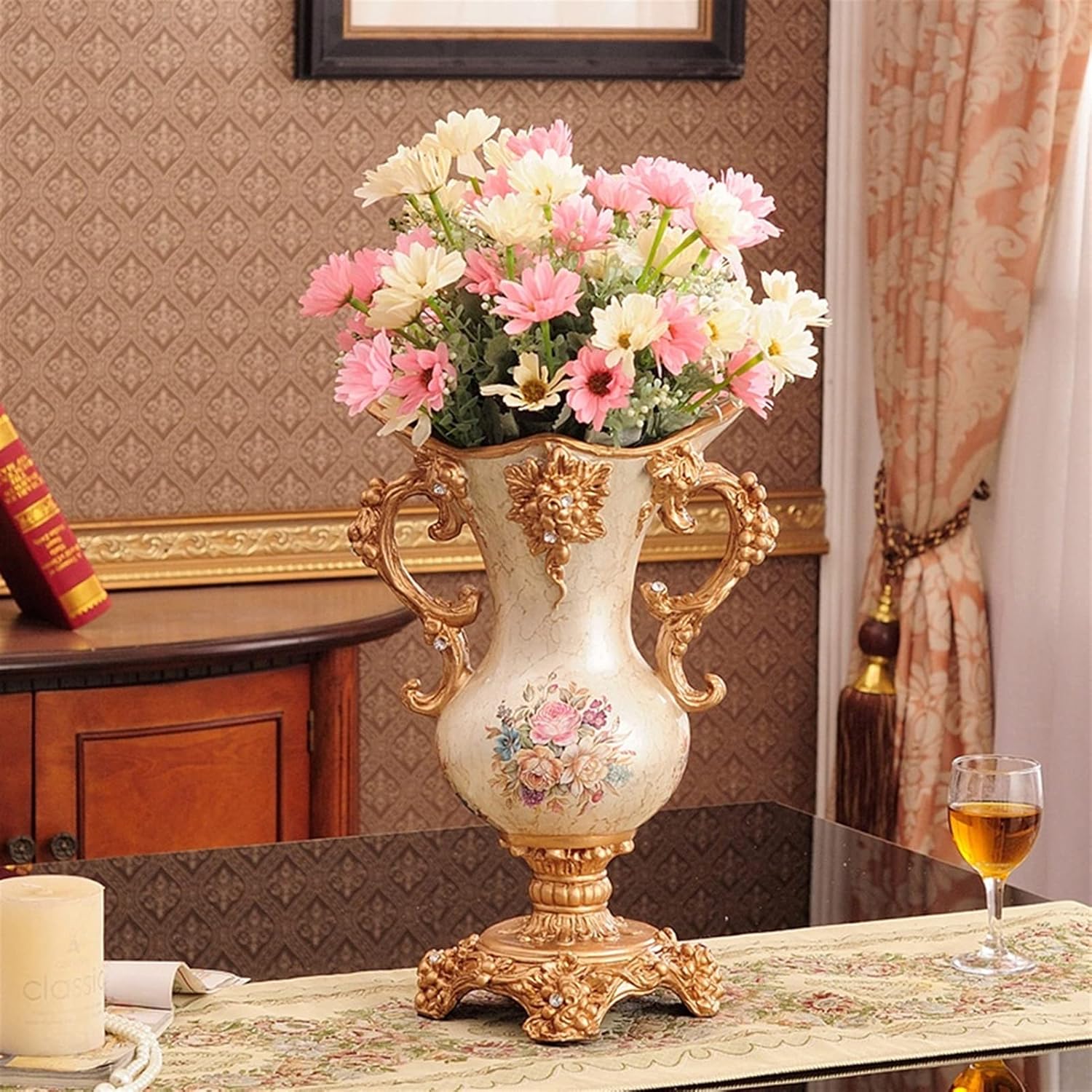 European-Style Retro Resin Tall Flower Vases for Living Dining Room Table Centerpiece Bedroom Office Hotel Home Decoration Hand-Painted Large Decorative Vase 41 × 28cm