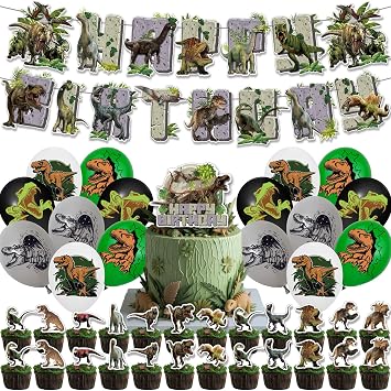 42 Piece Dinosaur Birthday Party Decor Set, Jungle Animal Theme, Dinosaur Party Banners Balloons Cake Decorations, Birthday Supplies for Girls and Boys, Birthday Paper Cupcake Supplies