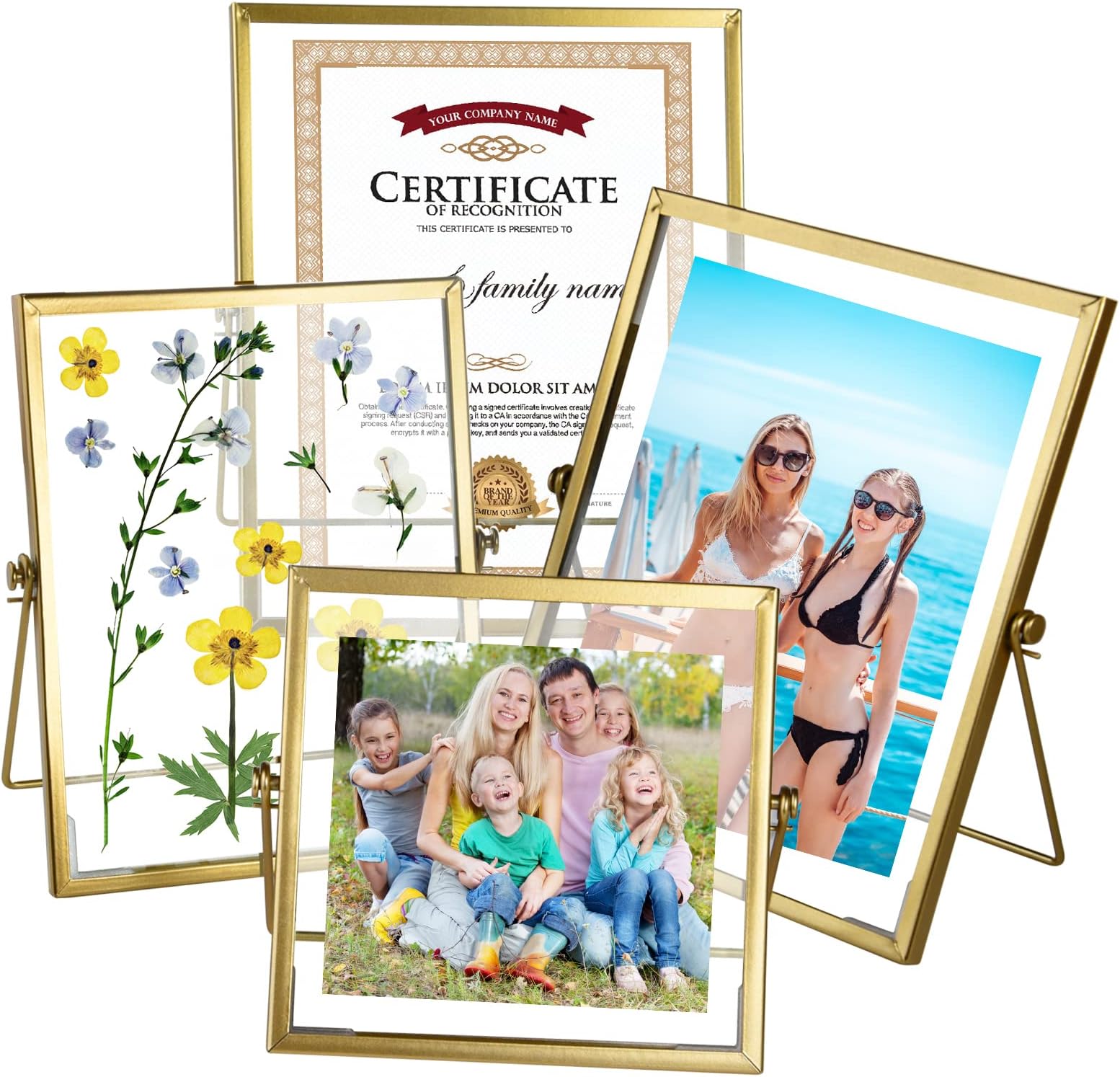KUUQA Set of 4 Glass Photo Frame Antique Metal Geometric Picture Frame with Glass Cover Floating Picture Frames Metal Pressed Glass Picture Frame Floating Frame Vertical