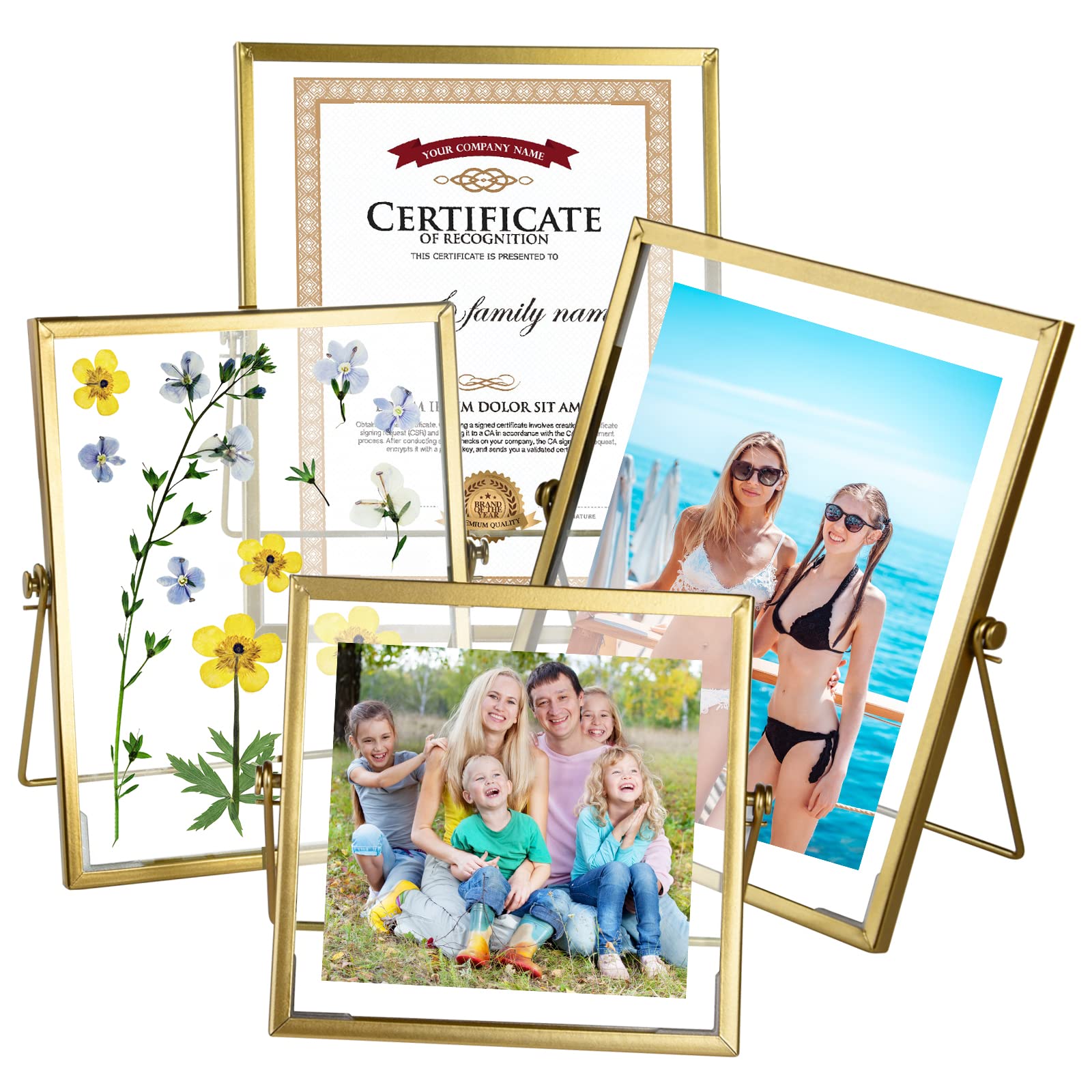 KUUQA Set of 4 Glass Photo Frame Antique Metal Geometric Picture Frame with Glass Cover Floating Picture Frames Metal Pressed Glass Picture Frame Floating Frame Vertical