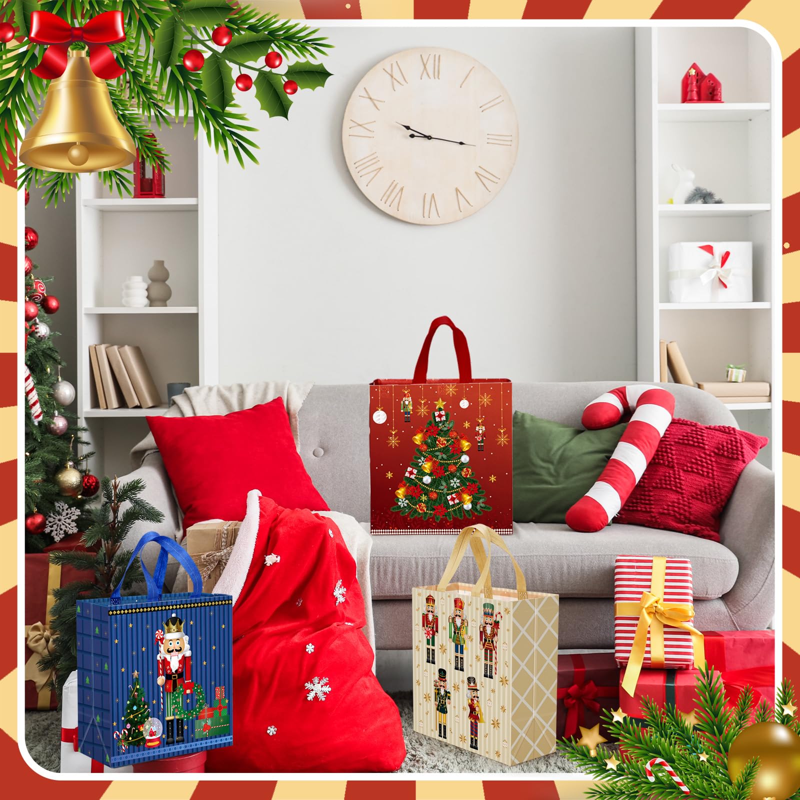 Wesnoy Weihnachtliche Nussknacker-Tragetaschen, Geschenktüten, Großpackung, Weihnachten, Vlies, wiederverwendbar, mit Griffen, für Urlaub, Weihnachten, Party, Neujahr, Einkaufen, 29 x 27 x 12 cm, 48