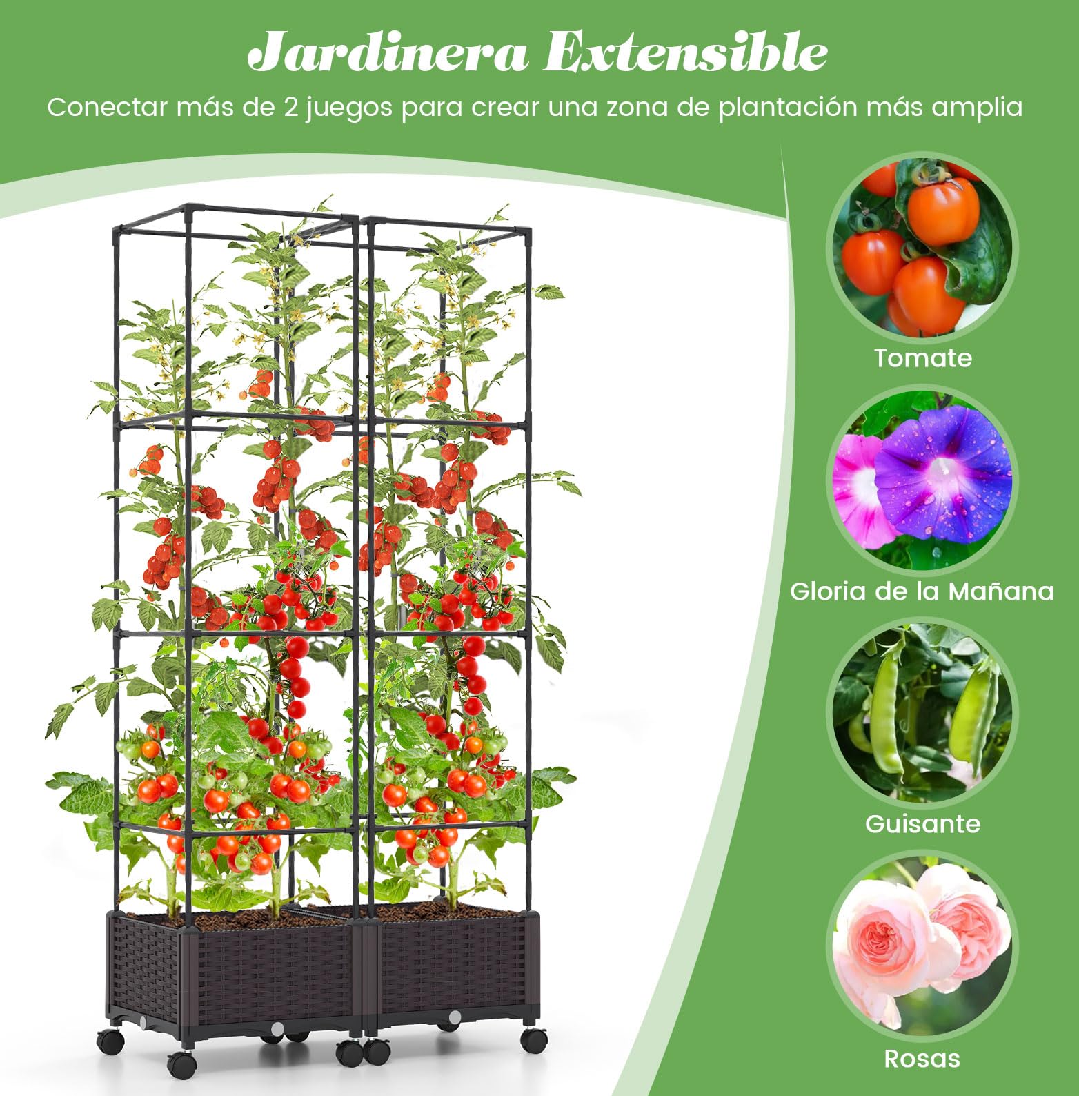 GOPLUS Jardinera con Enrejado para Plantas Trepadoras, Huerto Elevado para Interiores y Exteriores, Jaula para Tomates con Ruedas, 4 Altura Ajustable 170/130/90/50 cm