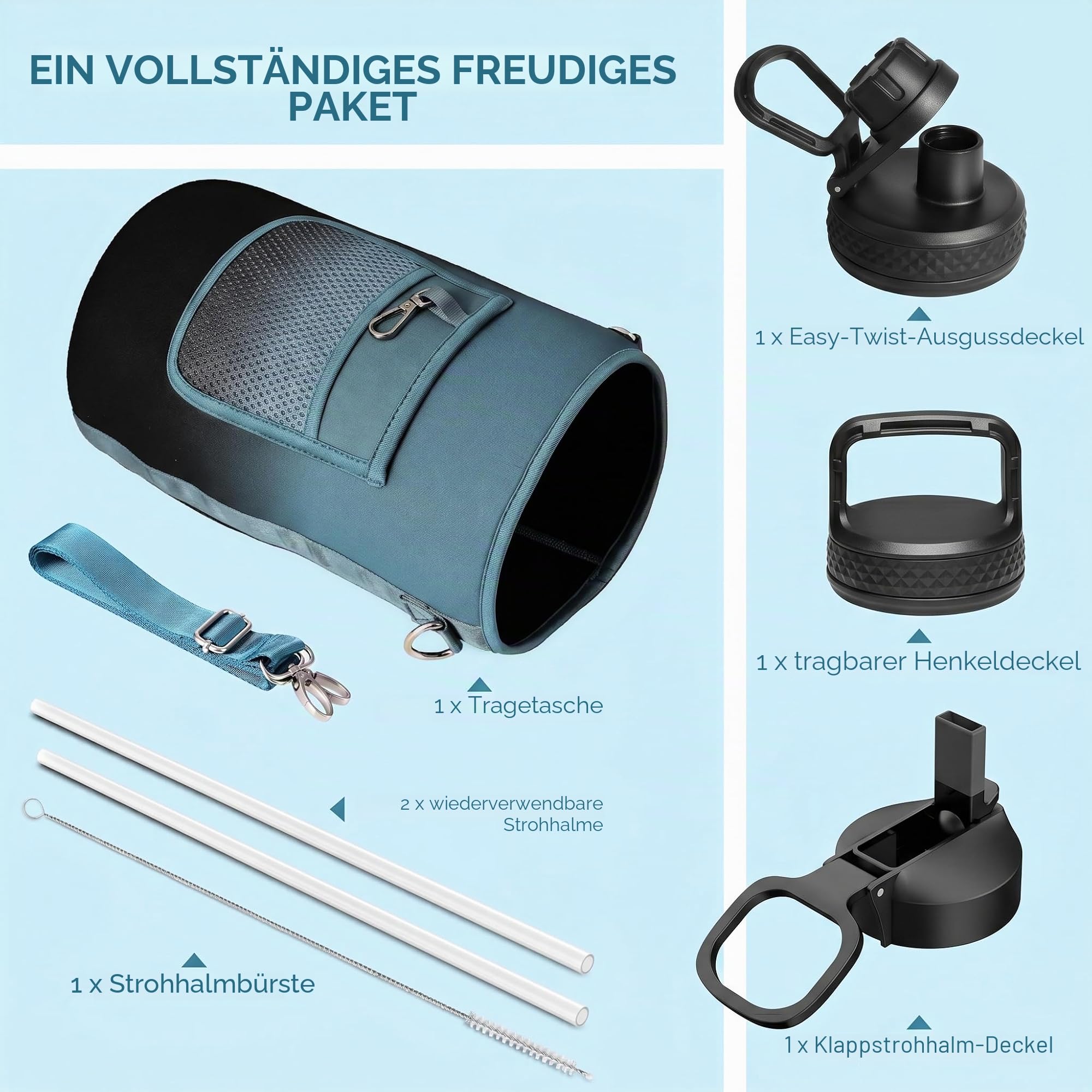Coolflask Isolierte Wasserflasche, Doppeltes Vakuum Auslaufsicher, Leicht zu reinigen, Wasserflasche mit Strohhalm, 3 Deckeln, Thermosflaschen aus Edelstahl für Sport Büro, 3785 ml, Indigo Schwarz