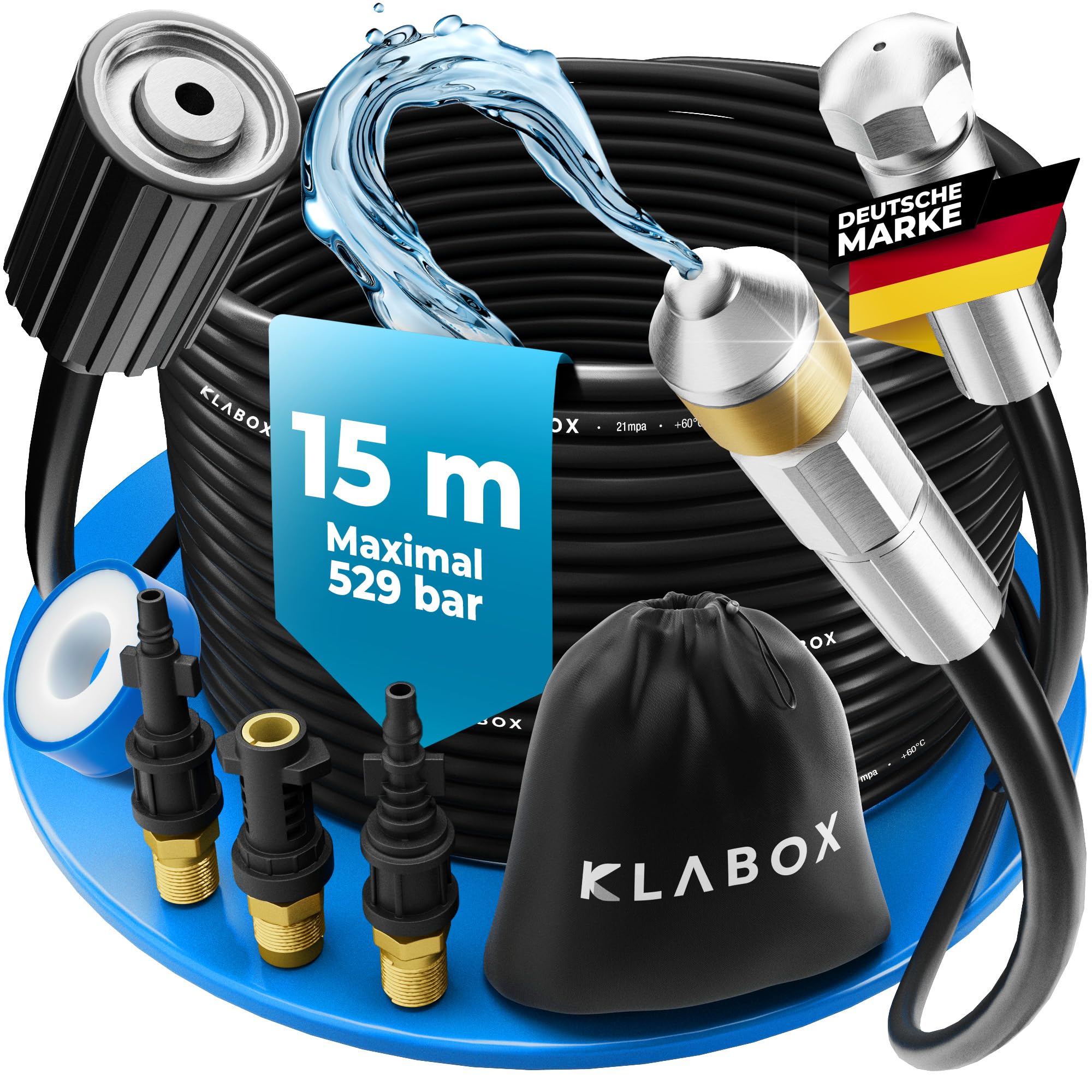 Rohrreinigungsschlauch 15m | Kärcher Rohrreinigungsschlauch für Karcher K2-K7, Lavor, Bosch, Parkside und weitere Marken | Inklusive 3 Adapter, 2 Düsen, 1 Tasche und 1 Teflonband
